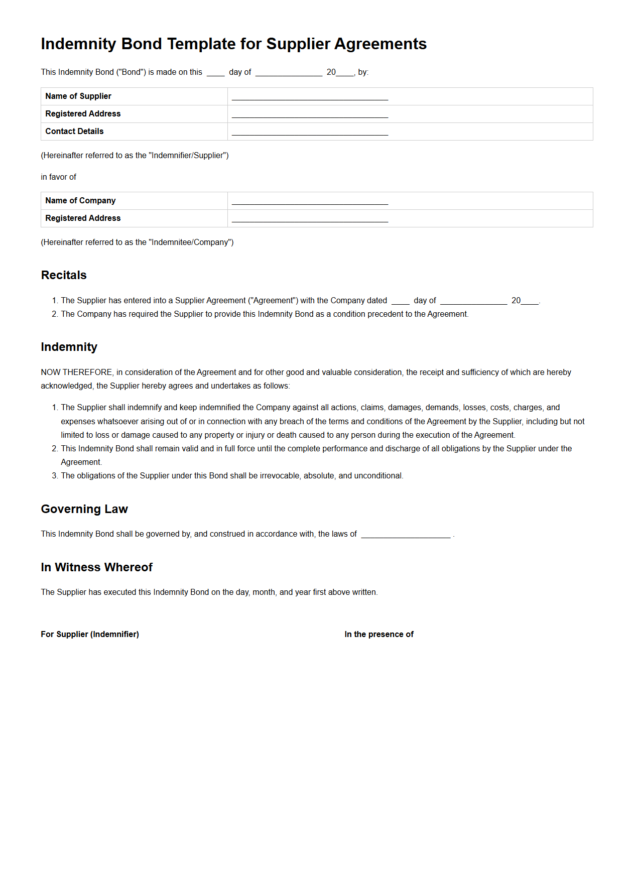 Indemnity Bond Template for Supplier Agreements