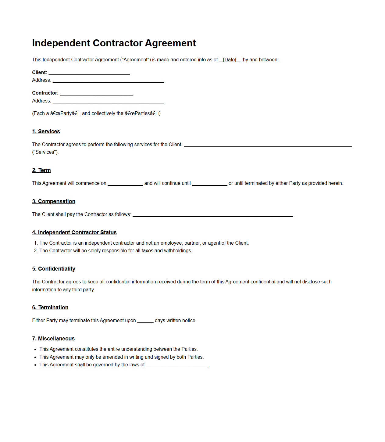 Independent Contractor Agreement Template for Service Providers