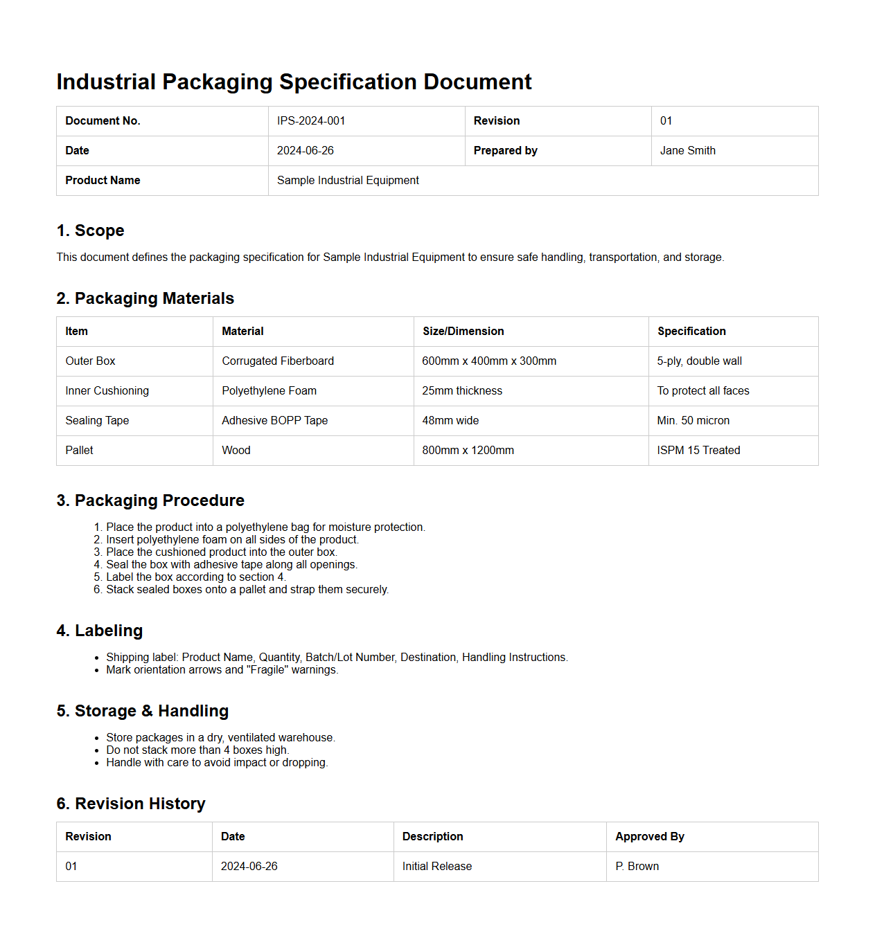 Industrial Packaging Specification Document Sample