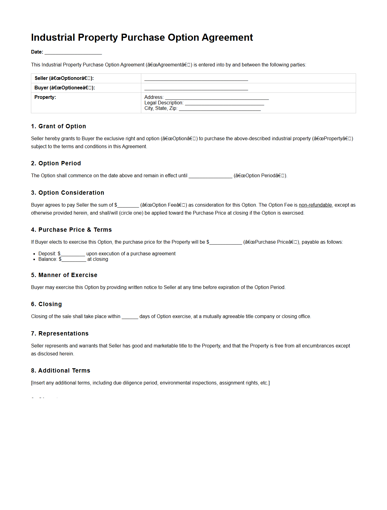 Industrial Property Purchase Option Agreement Example