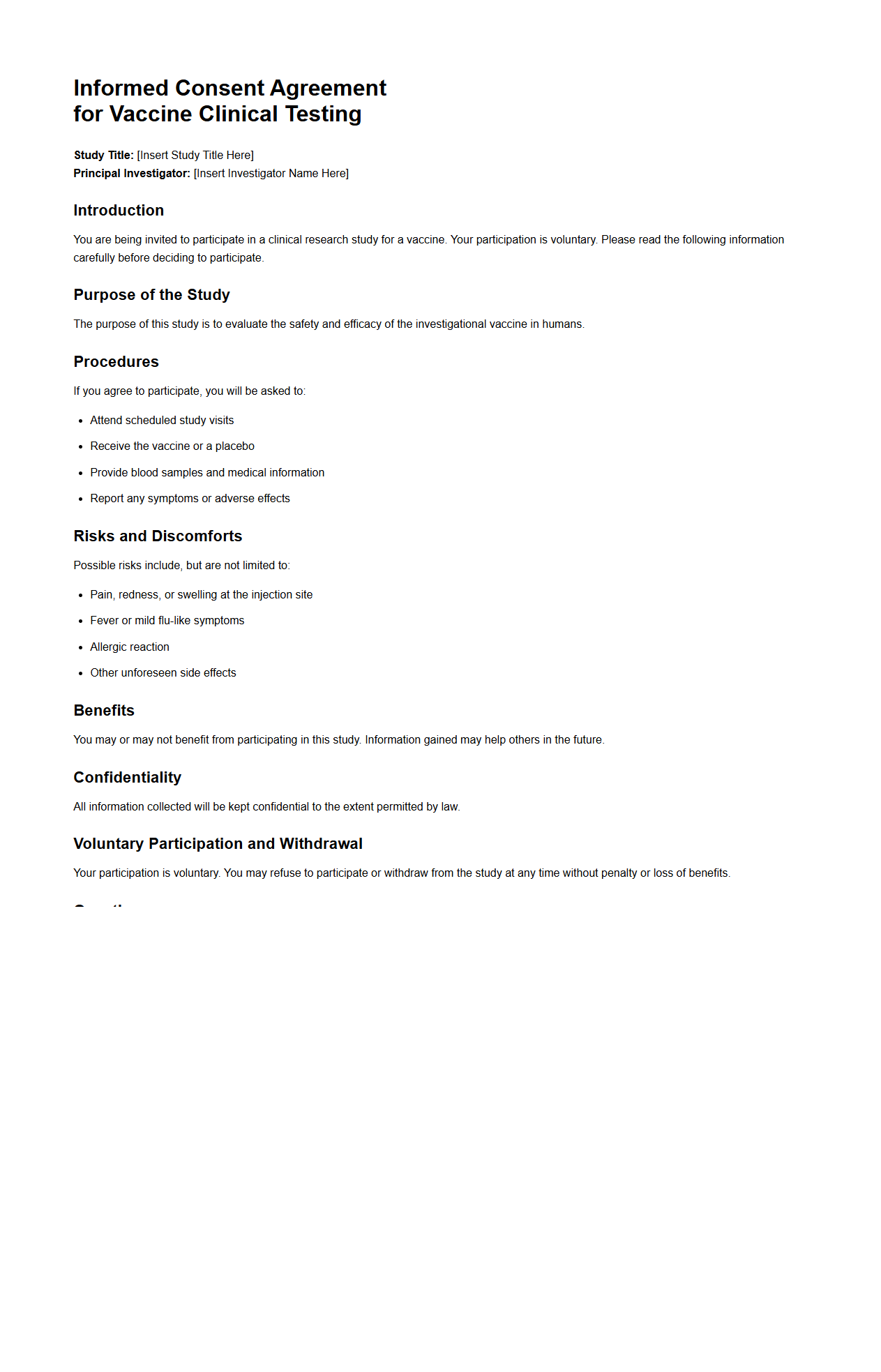 Informed Consent Agreement for Vaccine Clinical Testing