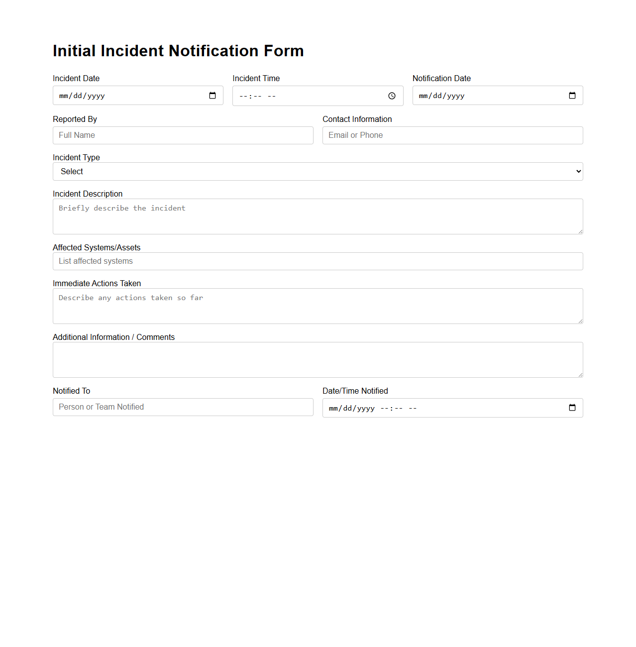 Initial Incident Notification Form for IT Security