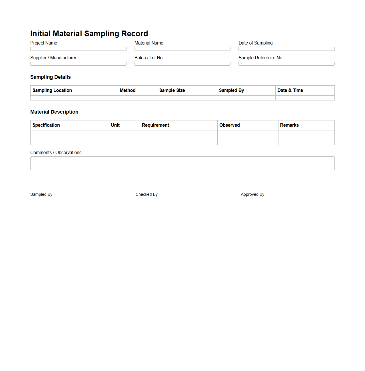 Initial Material Sampling Record Sample