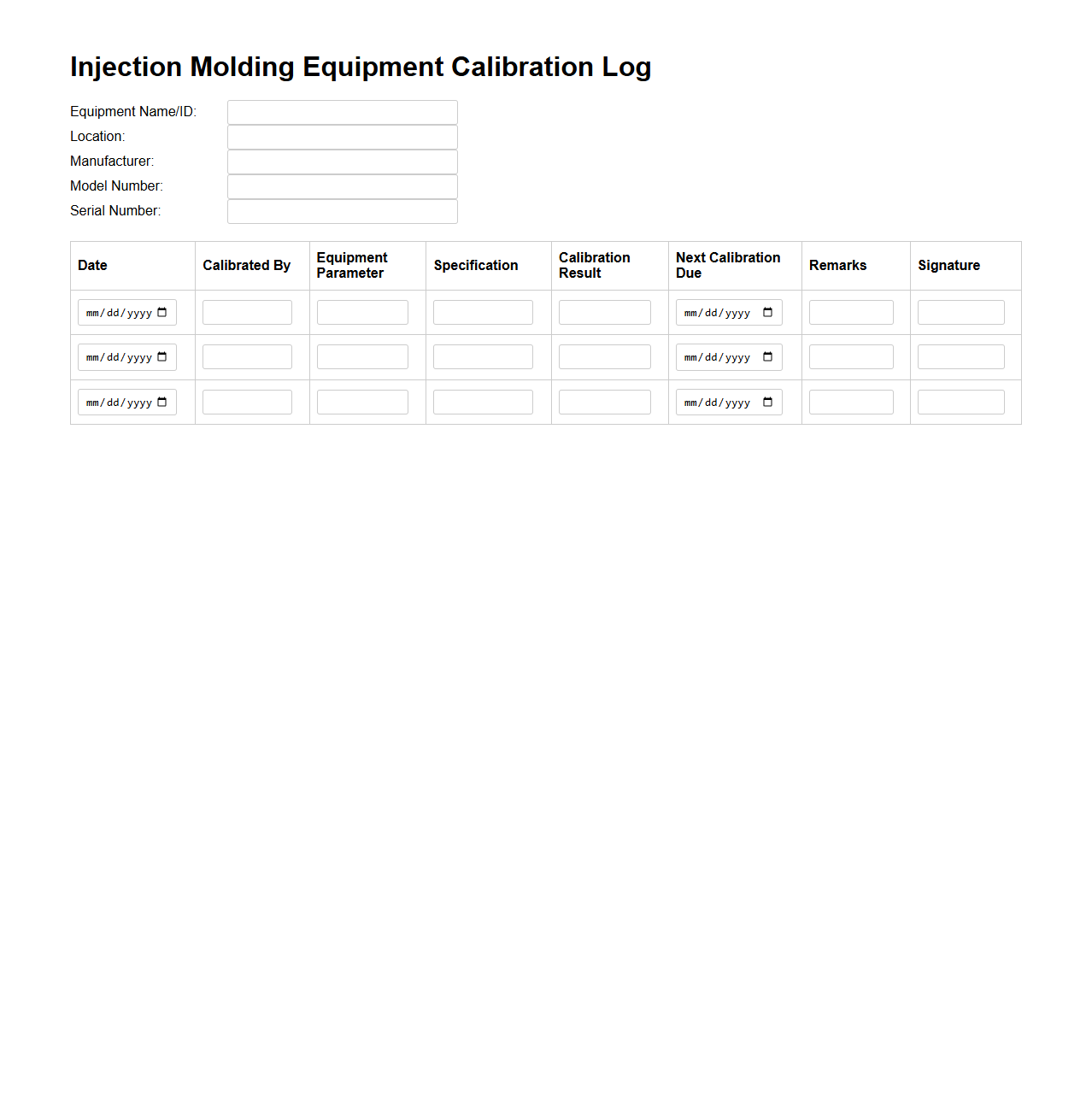 Injection Molding Equipment Calibration Log