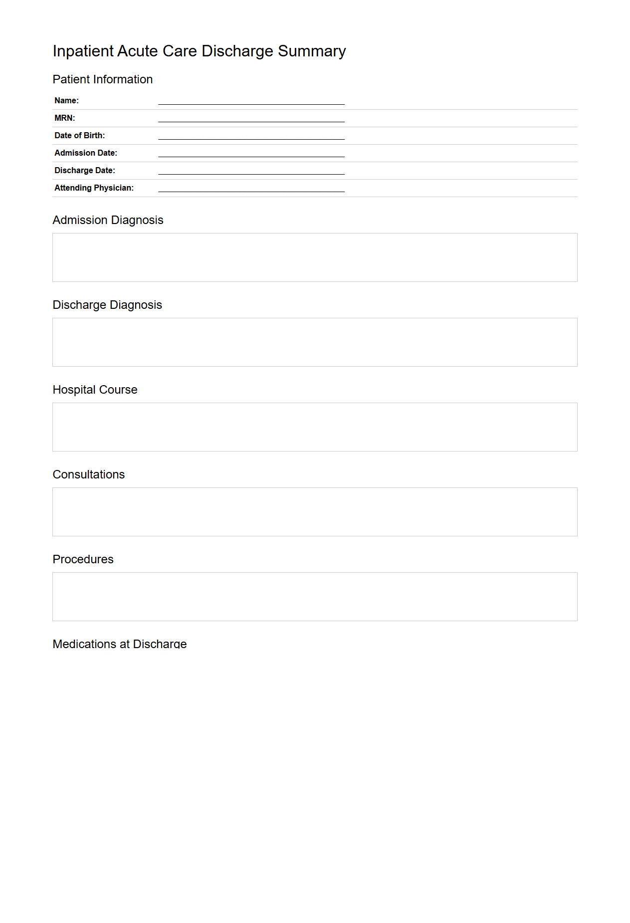 Inpatient Acute Care Discharge Documentation Example