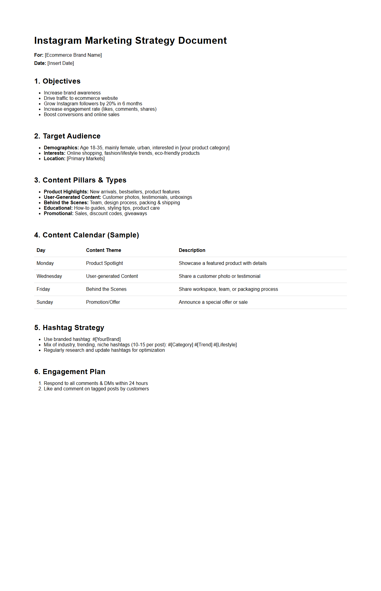 Instagram Marketing Strategy Document Sample for Ecommerce