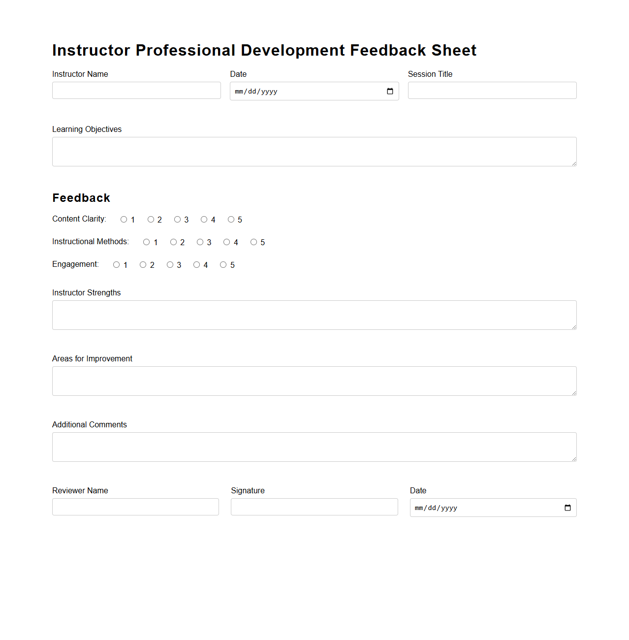 Instructor Professional Development Feedback Sheet