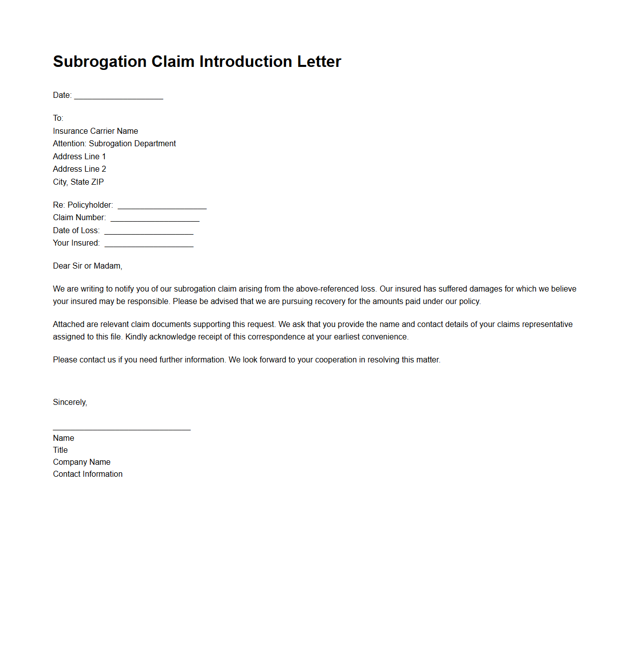 Insurance Carrier Subrogation Claim Introduction Letter