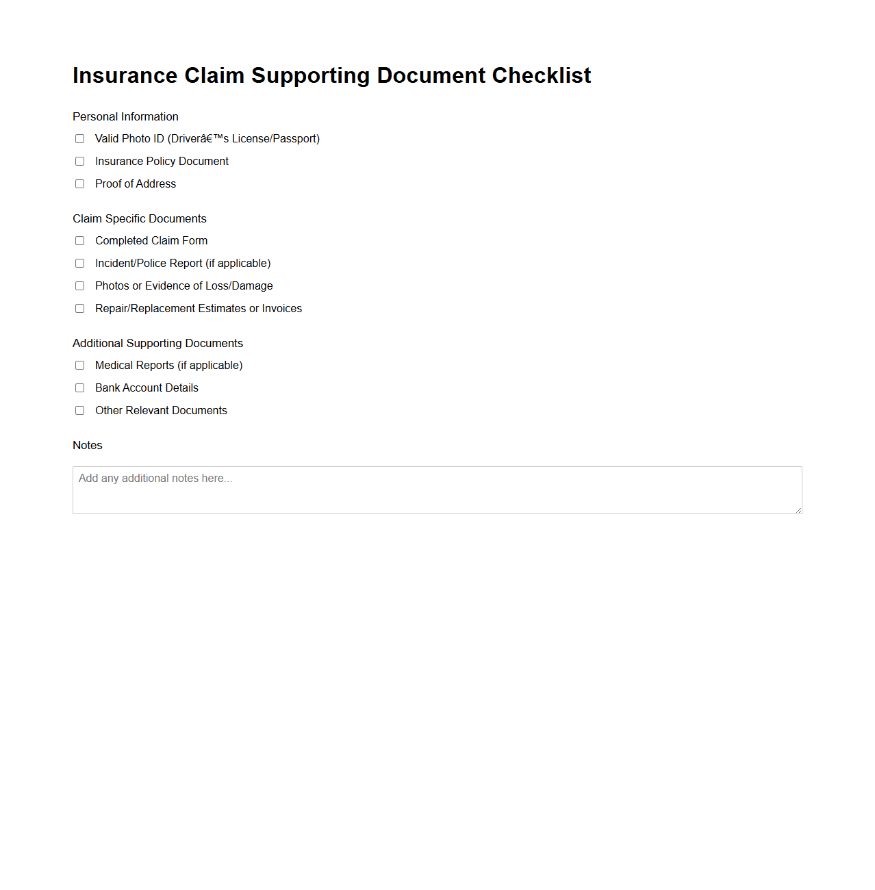 Insurance Claim Supporting Document Checklist