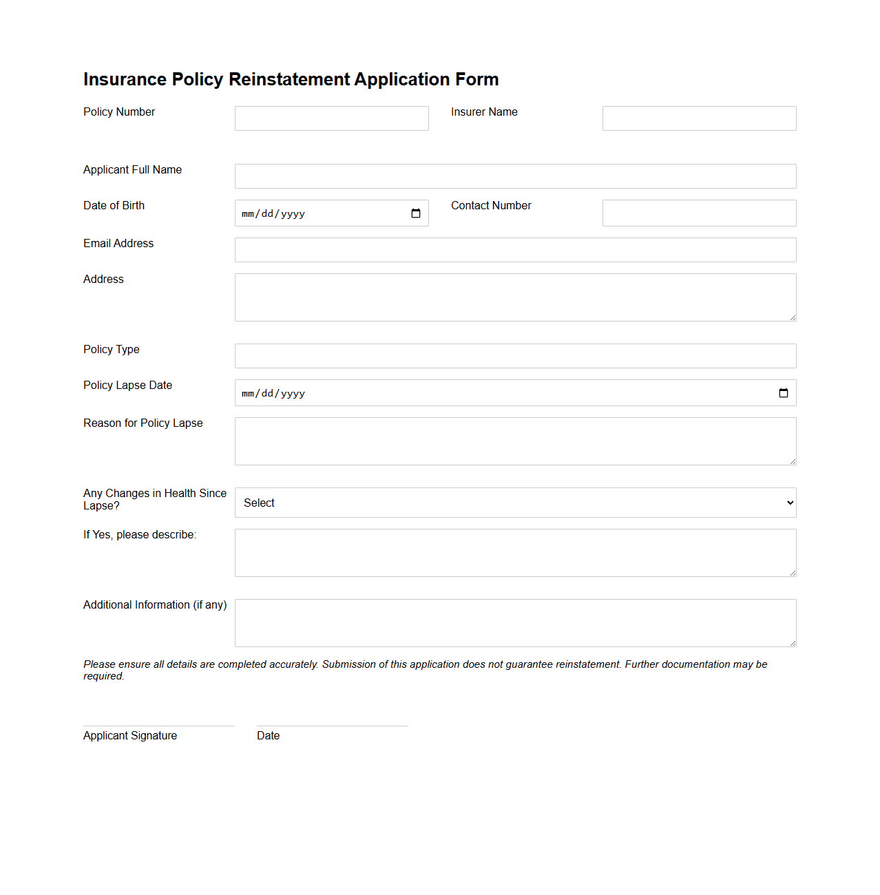 Insurance Policy Reinstatement Application Form