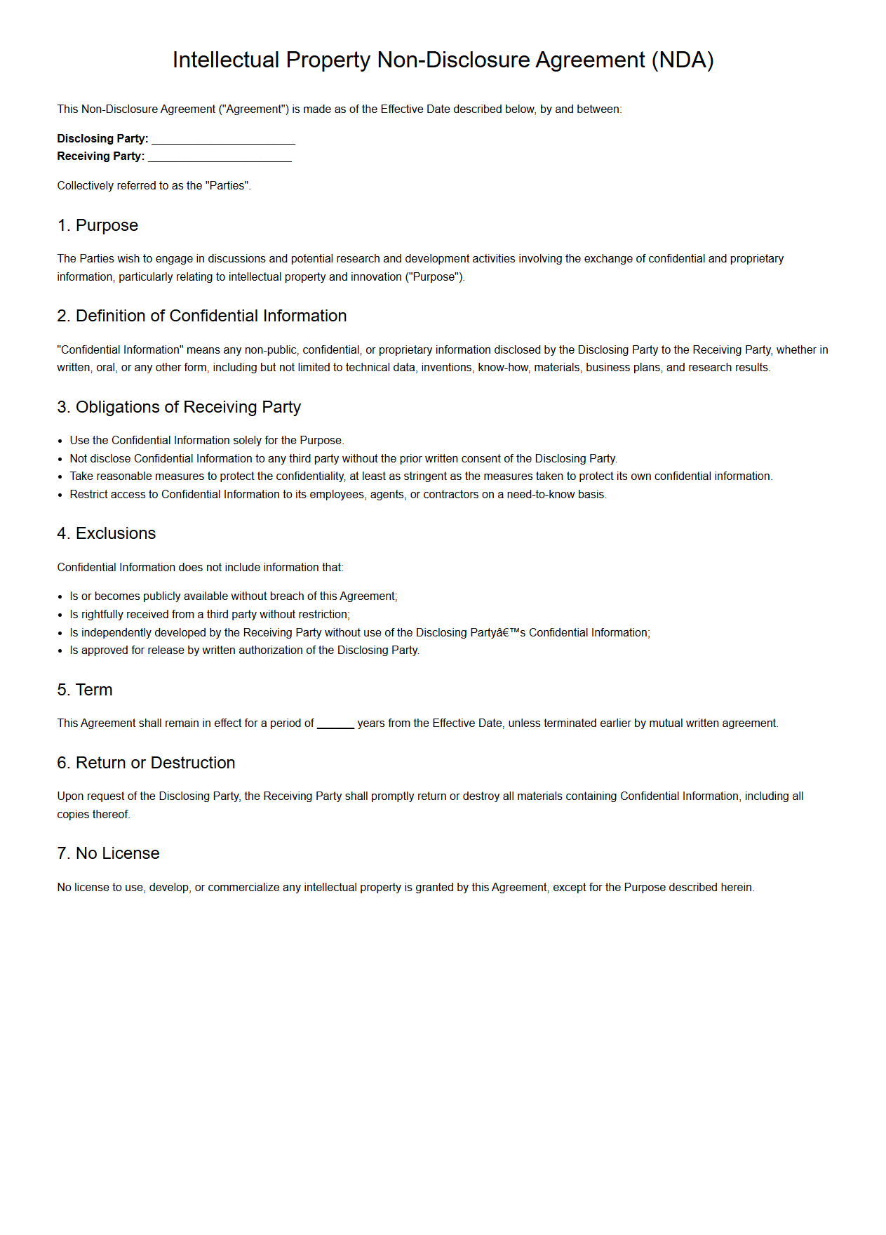 Intellectual Property NDA for Research and Development