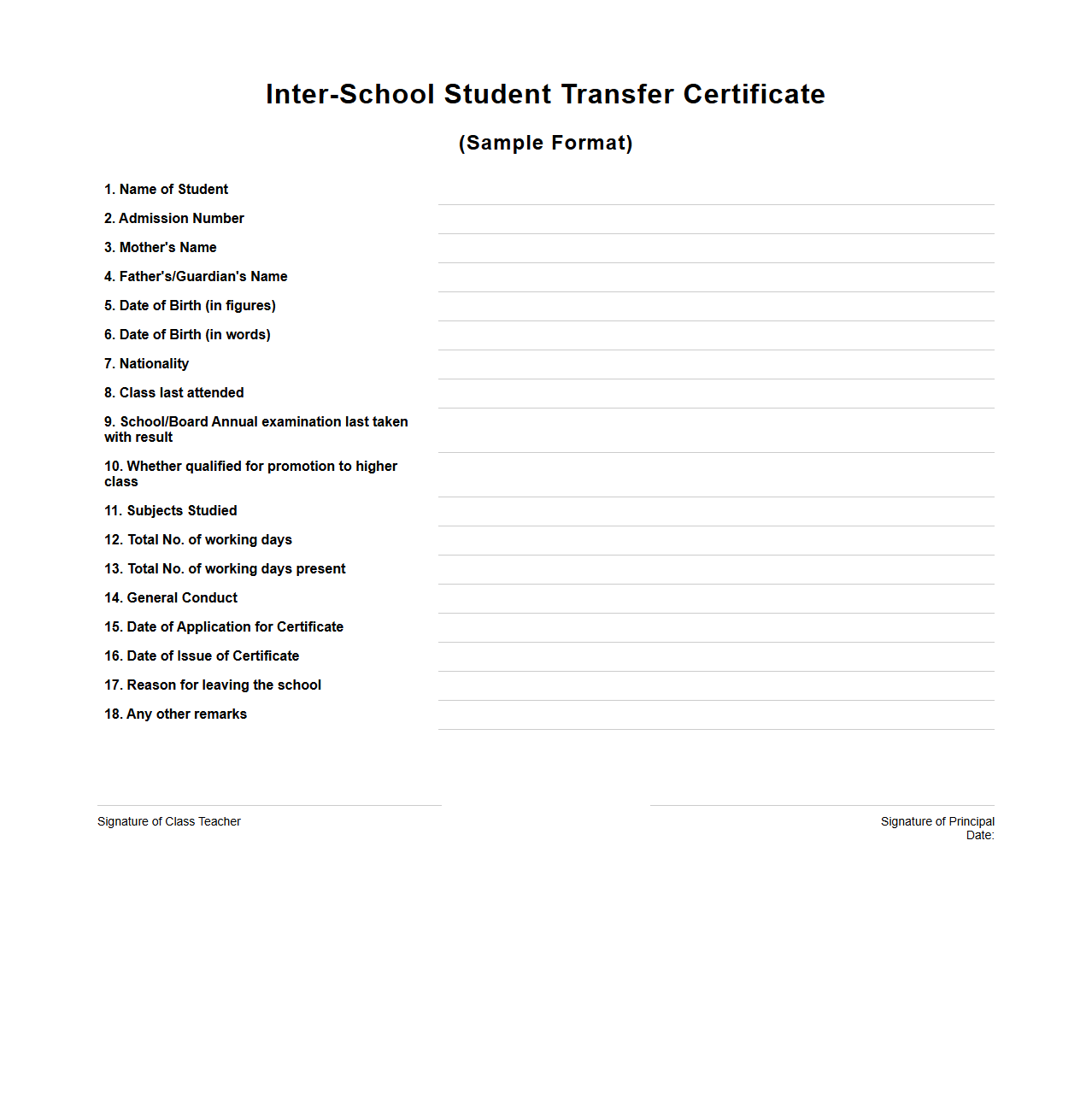 Inter-School Student Transfer Certificate Format