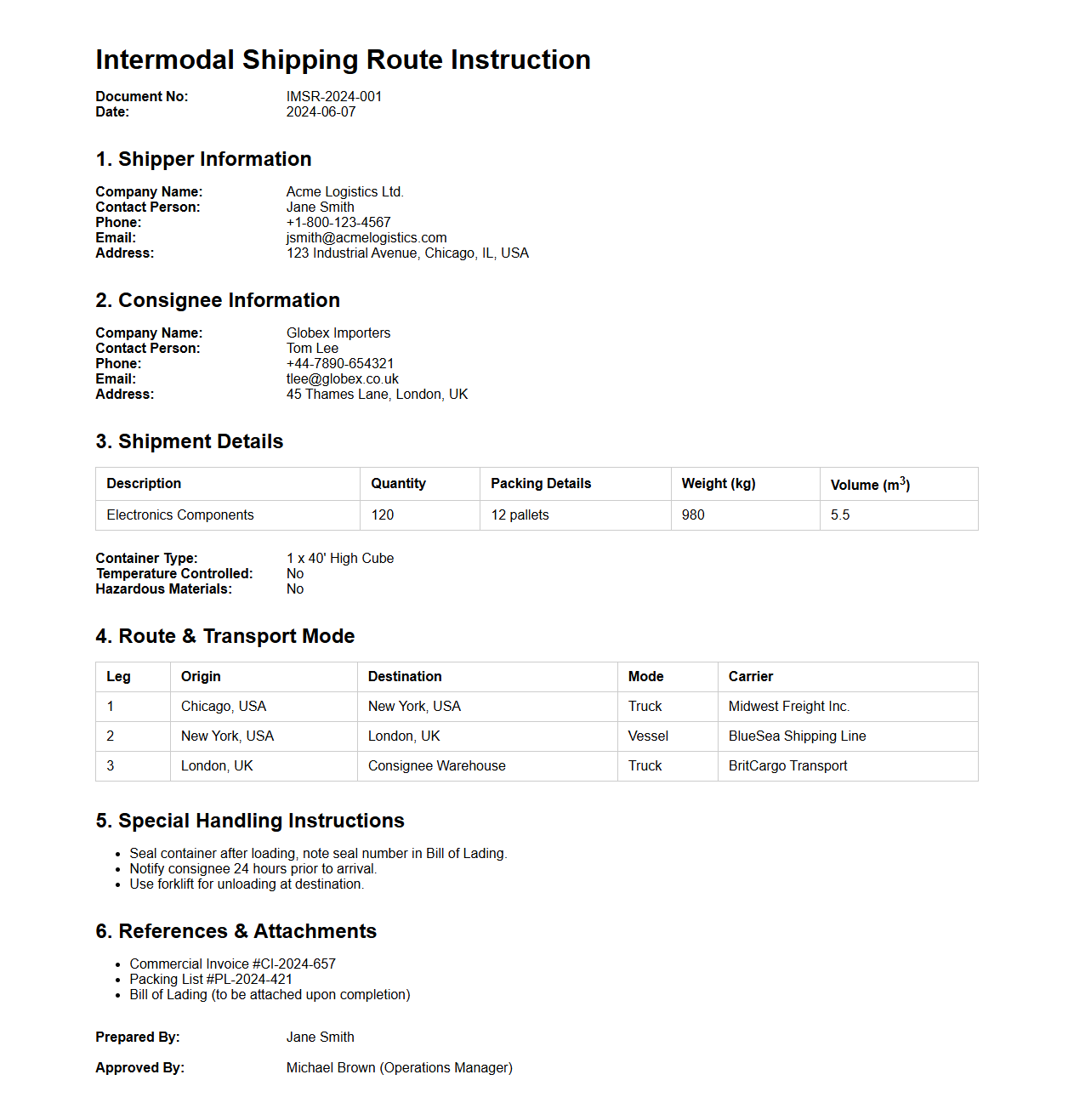 Intermodal Shipping Route Instruction Document Sample