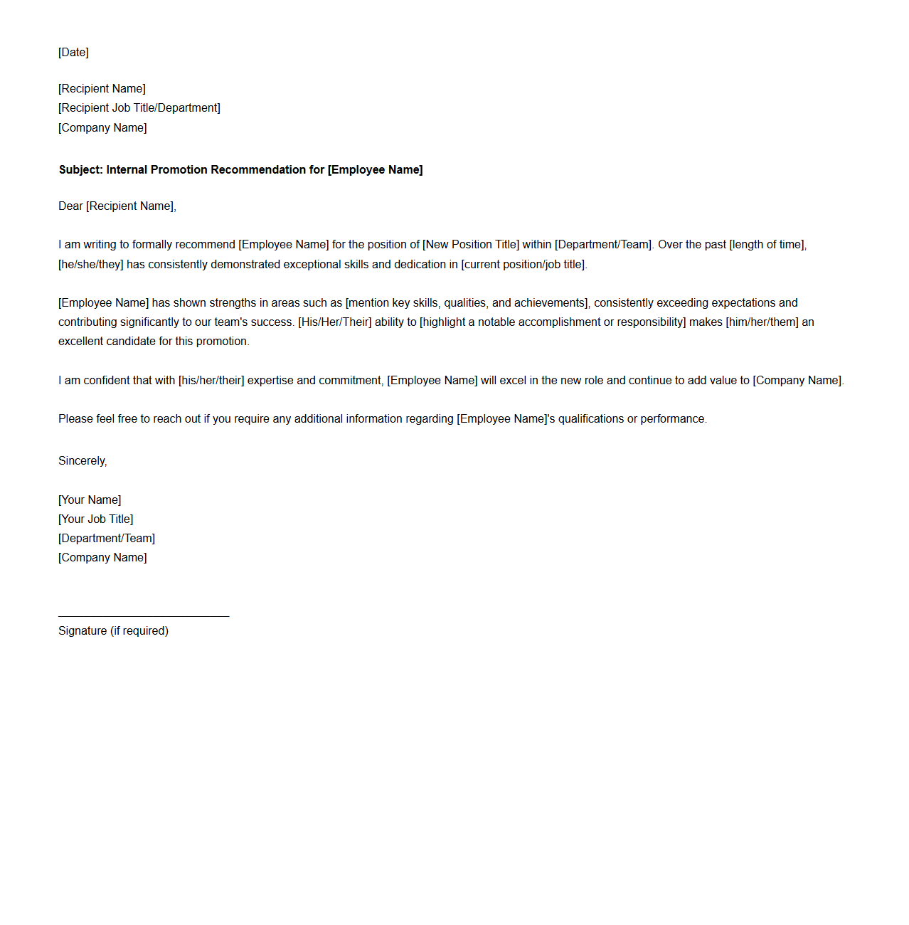 Internal Promotion Recommendation Letter Template