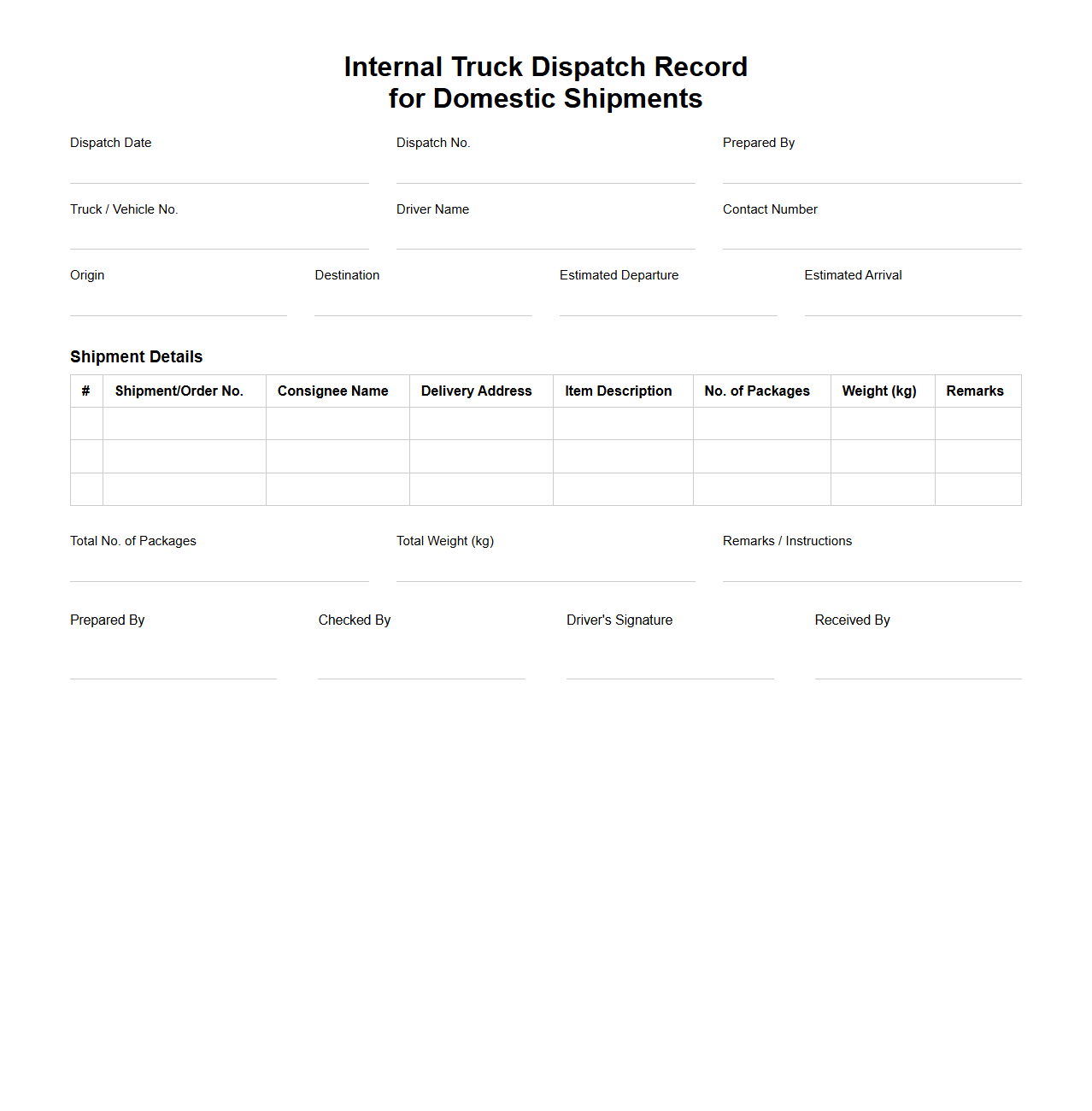 Internal Truck Dispatch Record for Domestic Shipments