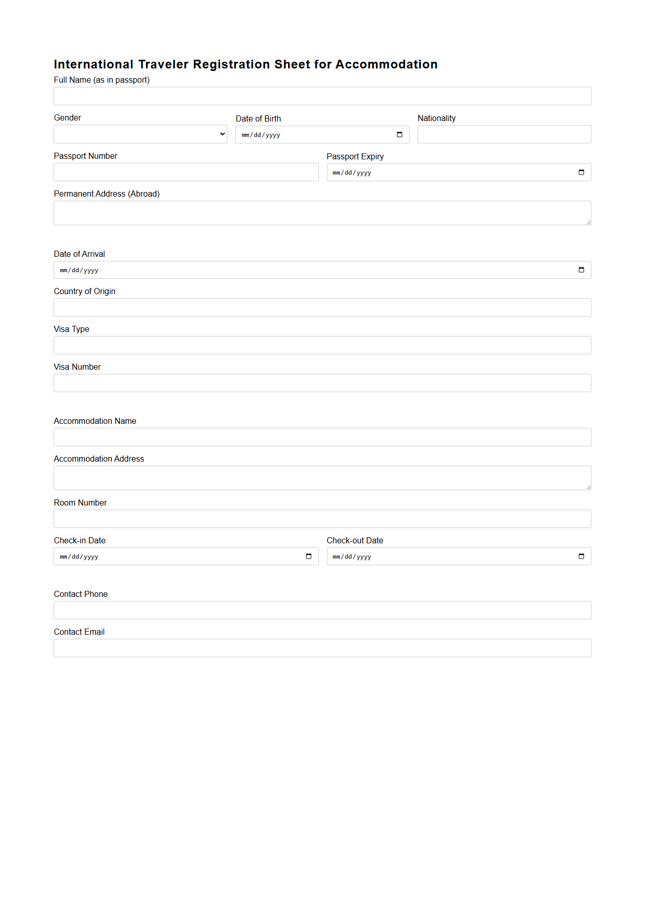 International Traveler Registration Sheet for Accommodation