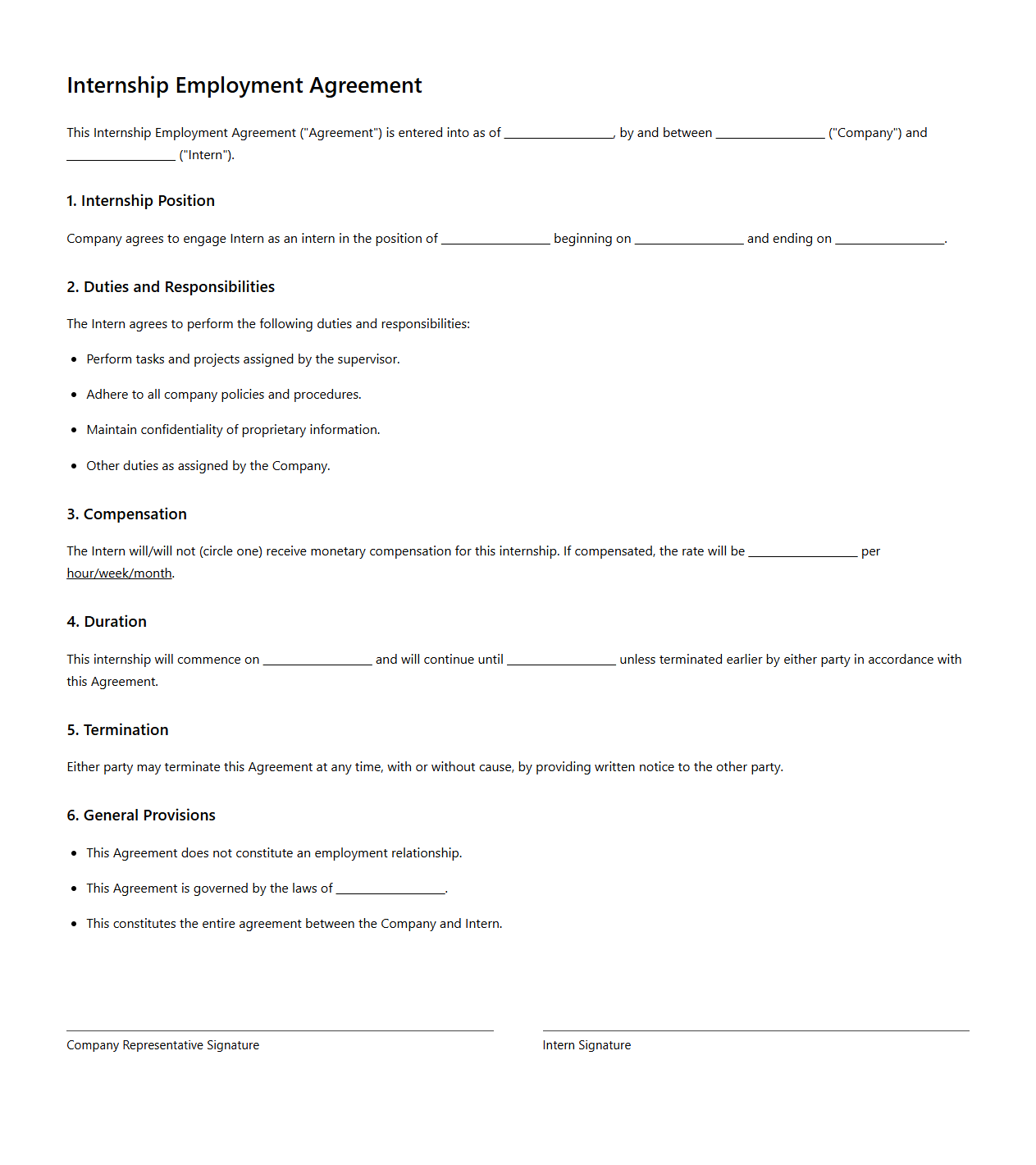Internship Employment Agreement Sample