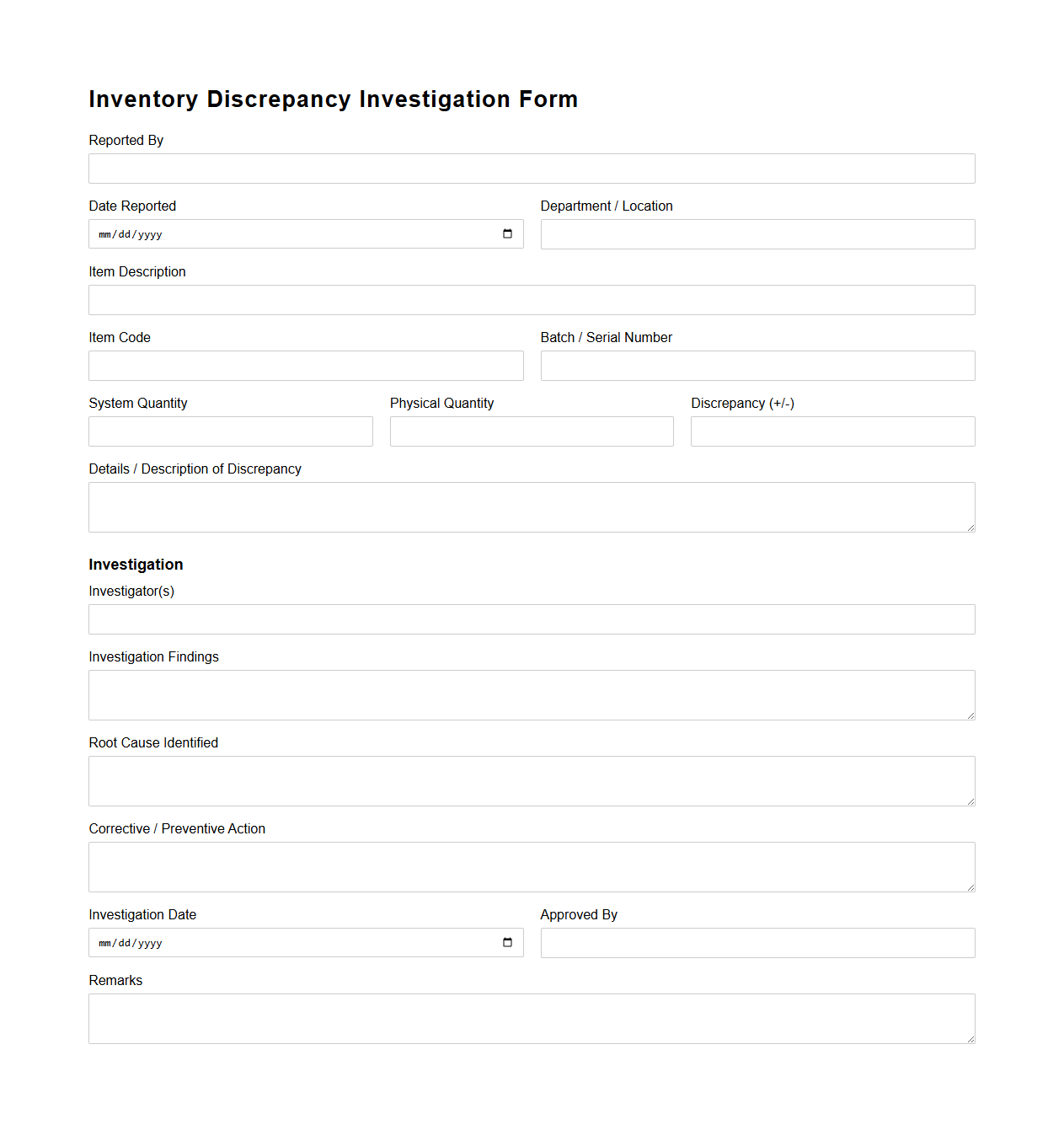 Inventory Discrepancy Investigation Form