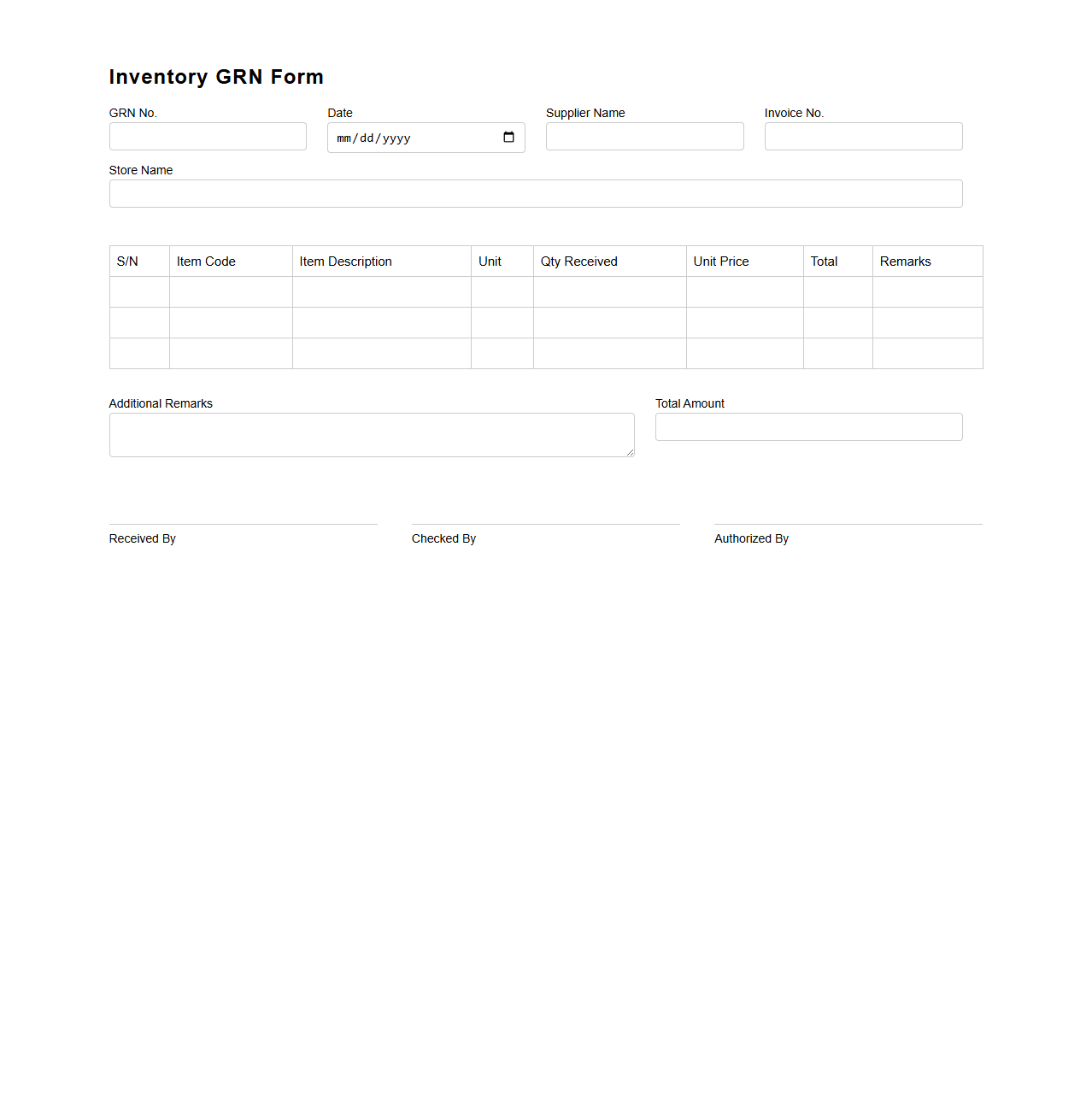 Inventory GRN Form Sample for Retail Stores