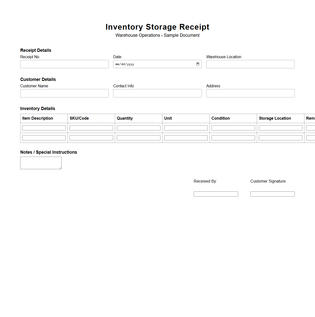 Inventory Storage Receipt Sample for Warehouse Operations