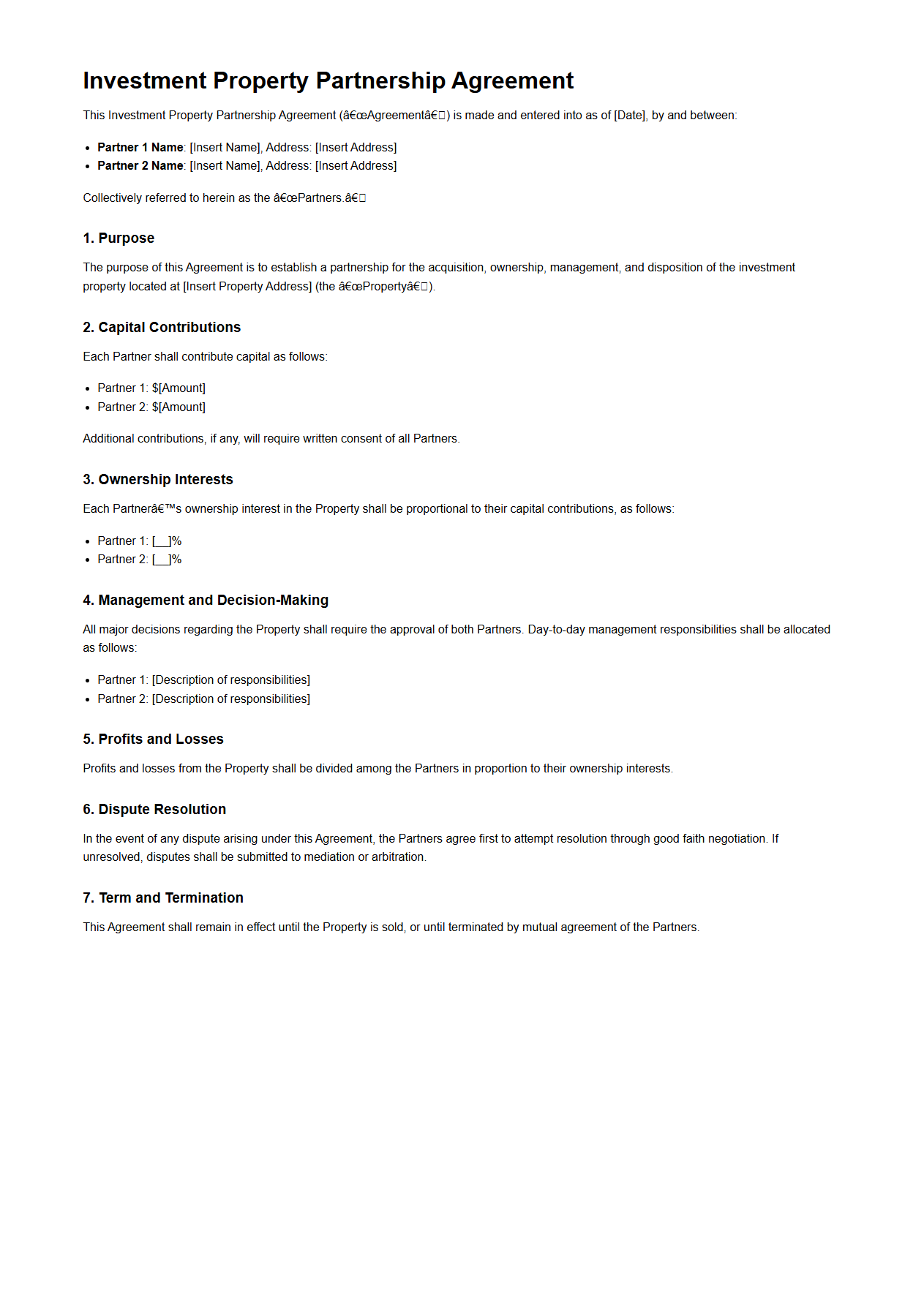 Investment Property Partnership Agreement Sample