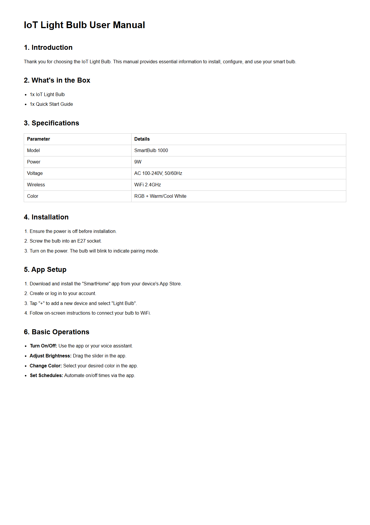 IoT Light Bulb User Manual Sample
