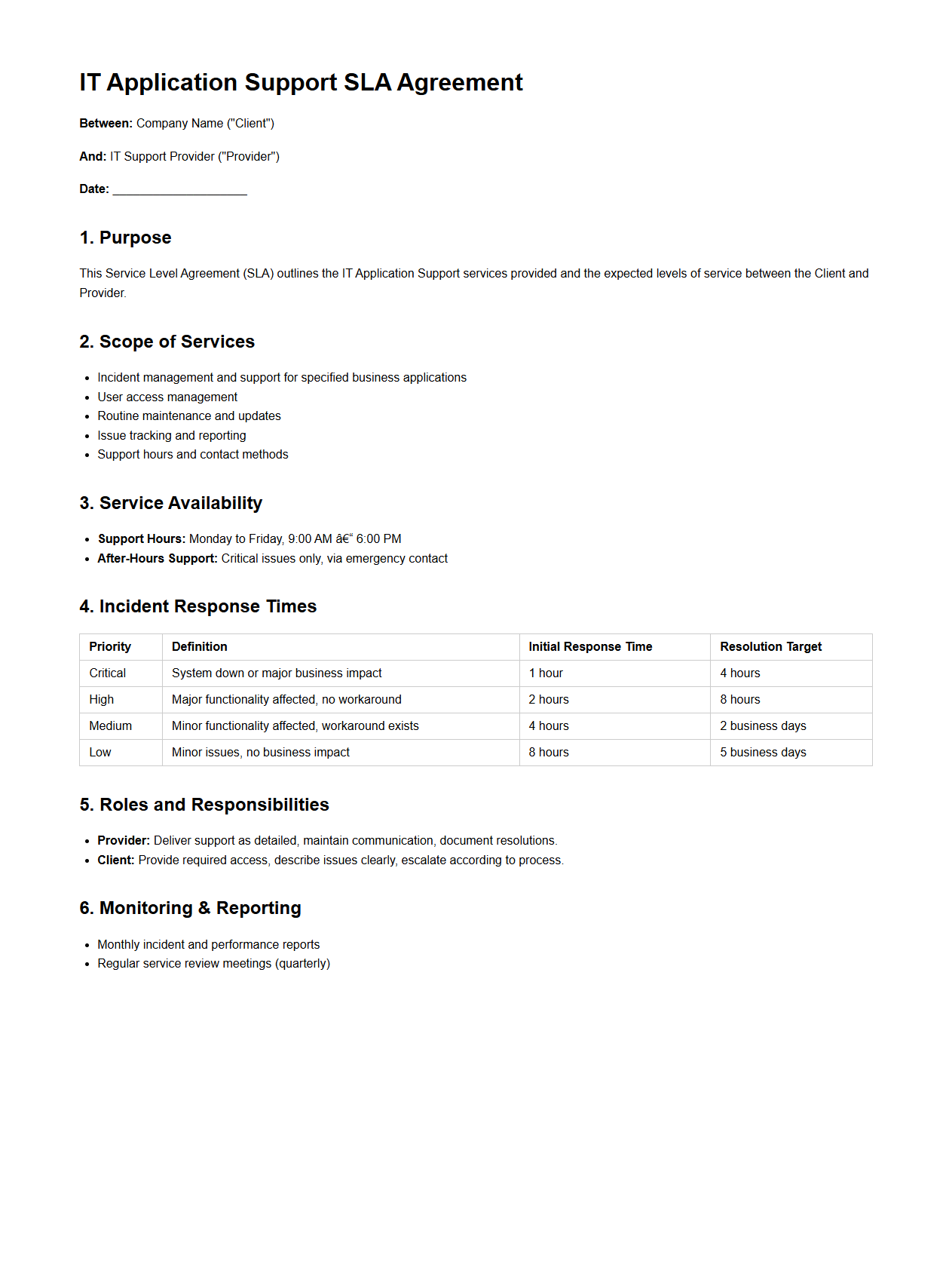 IT Application Support SLA Agreement Example