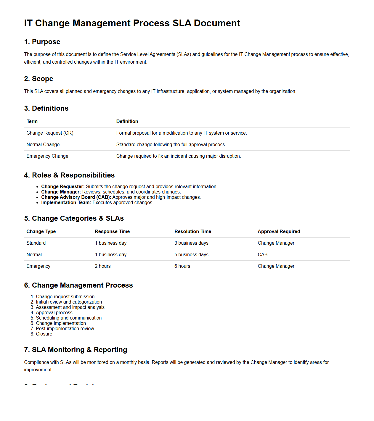 IT Change Management Process SLA Document