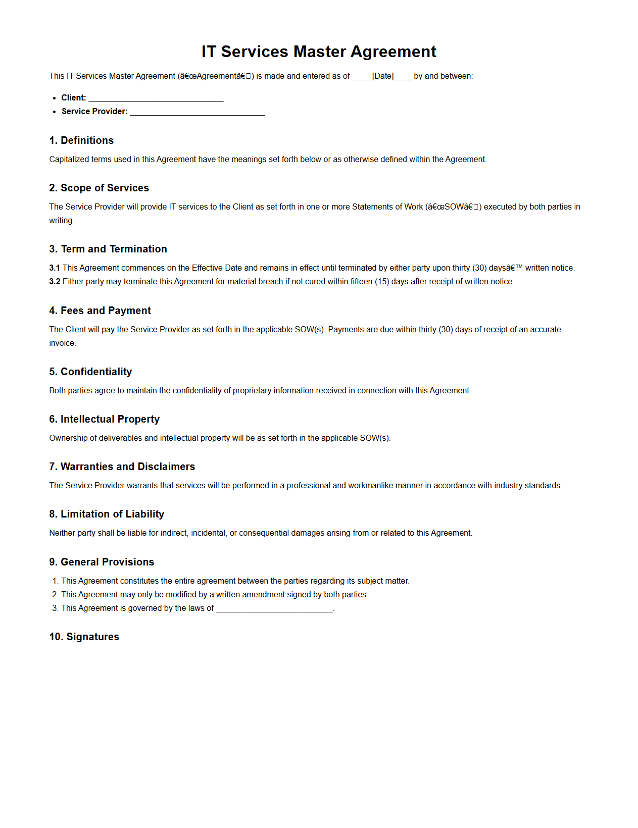 IT Services Master Agreement Template