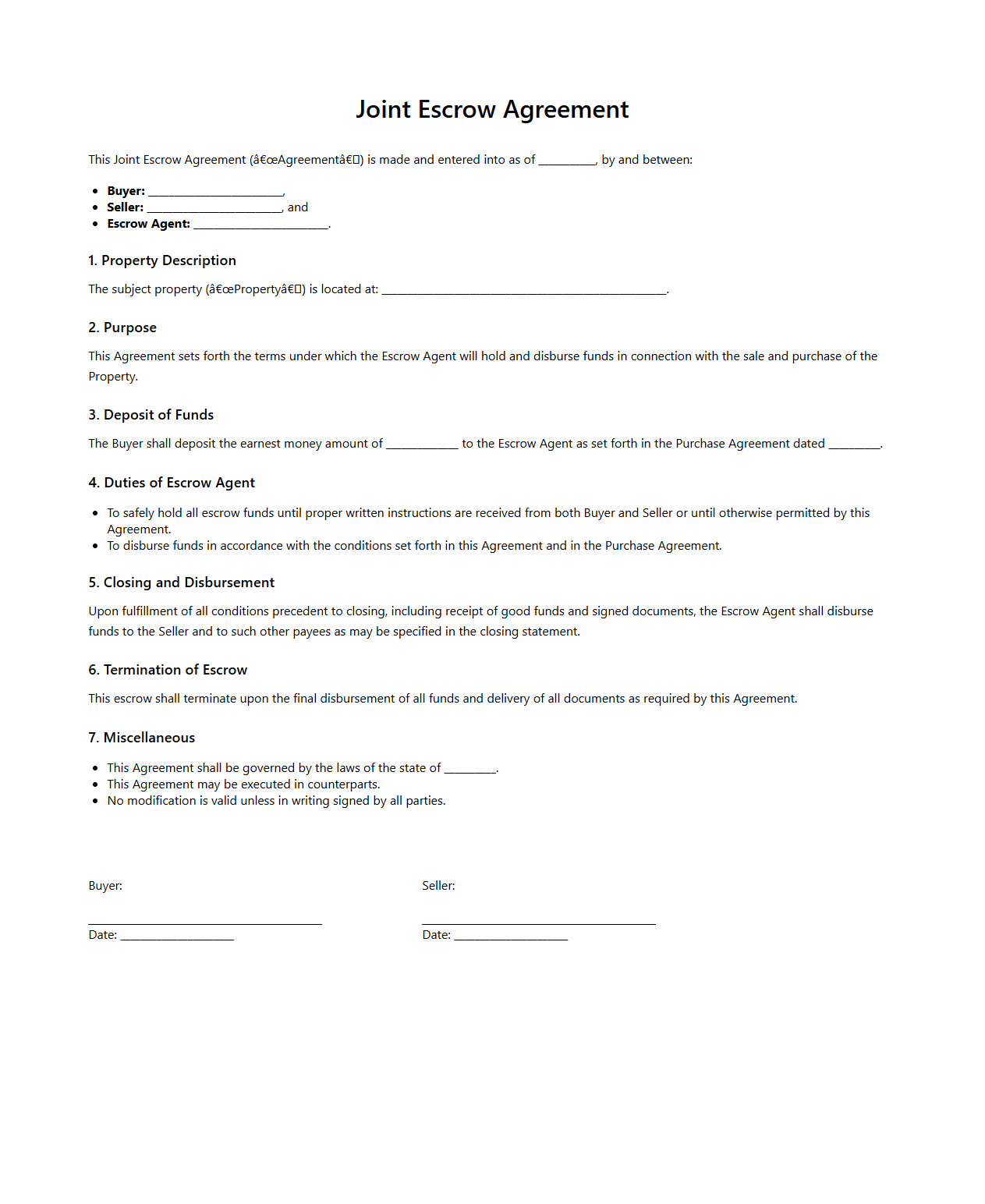 Joint Escrow Agreement for Real Estate Buyers and Sellers