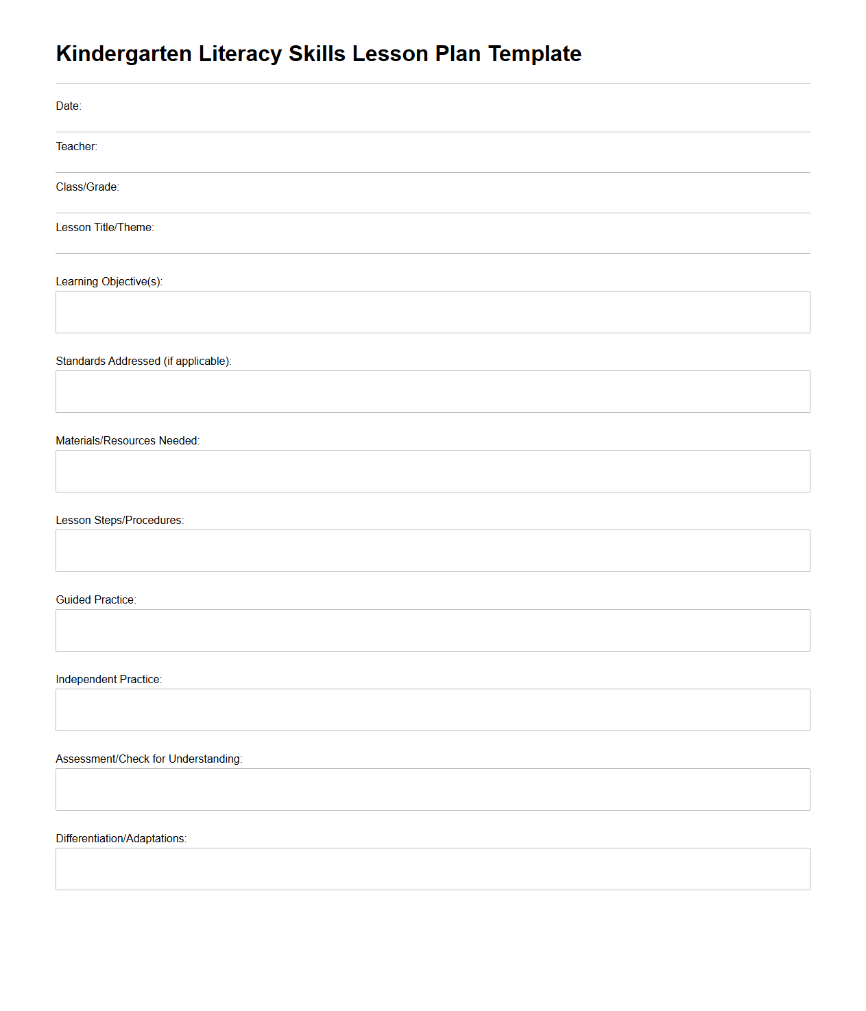 Kindergarten Literacy Skills Lesson Plan Template