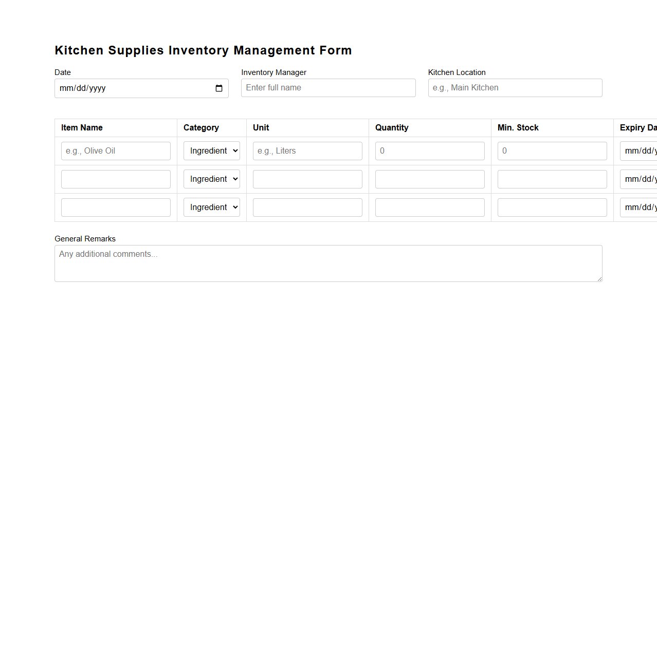 Kitchen Supplies Inventory Management Form