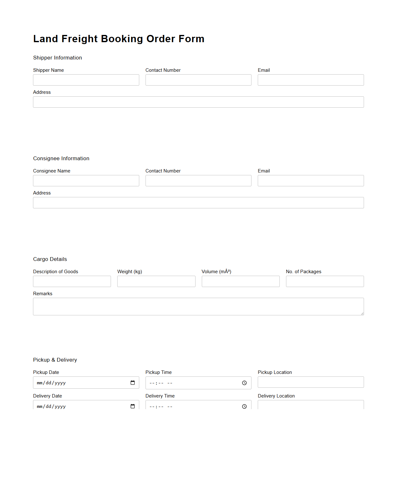 Land Freight Booking Order Form Example
