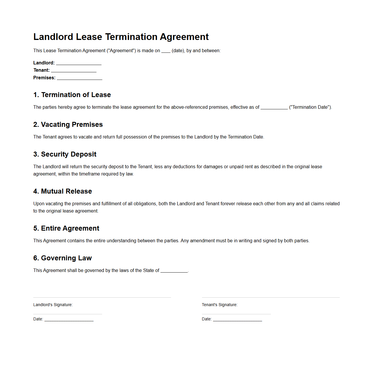 Landlord Lease Termination Agreement Sample