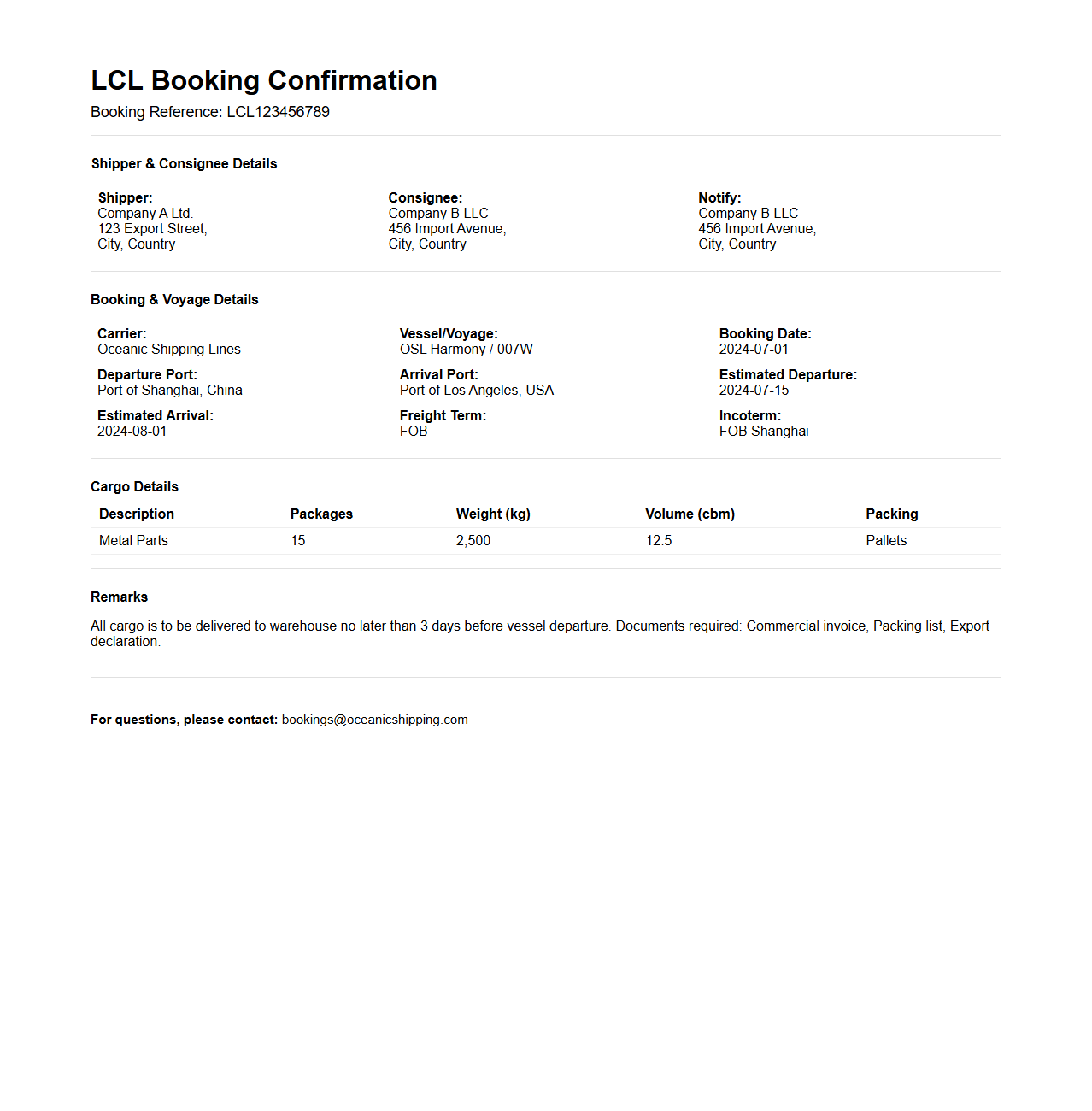 LCL (Less Than Container Load) Booking Confirmation Example