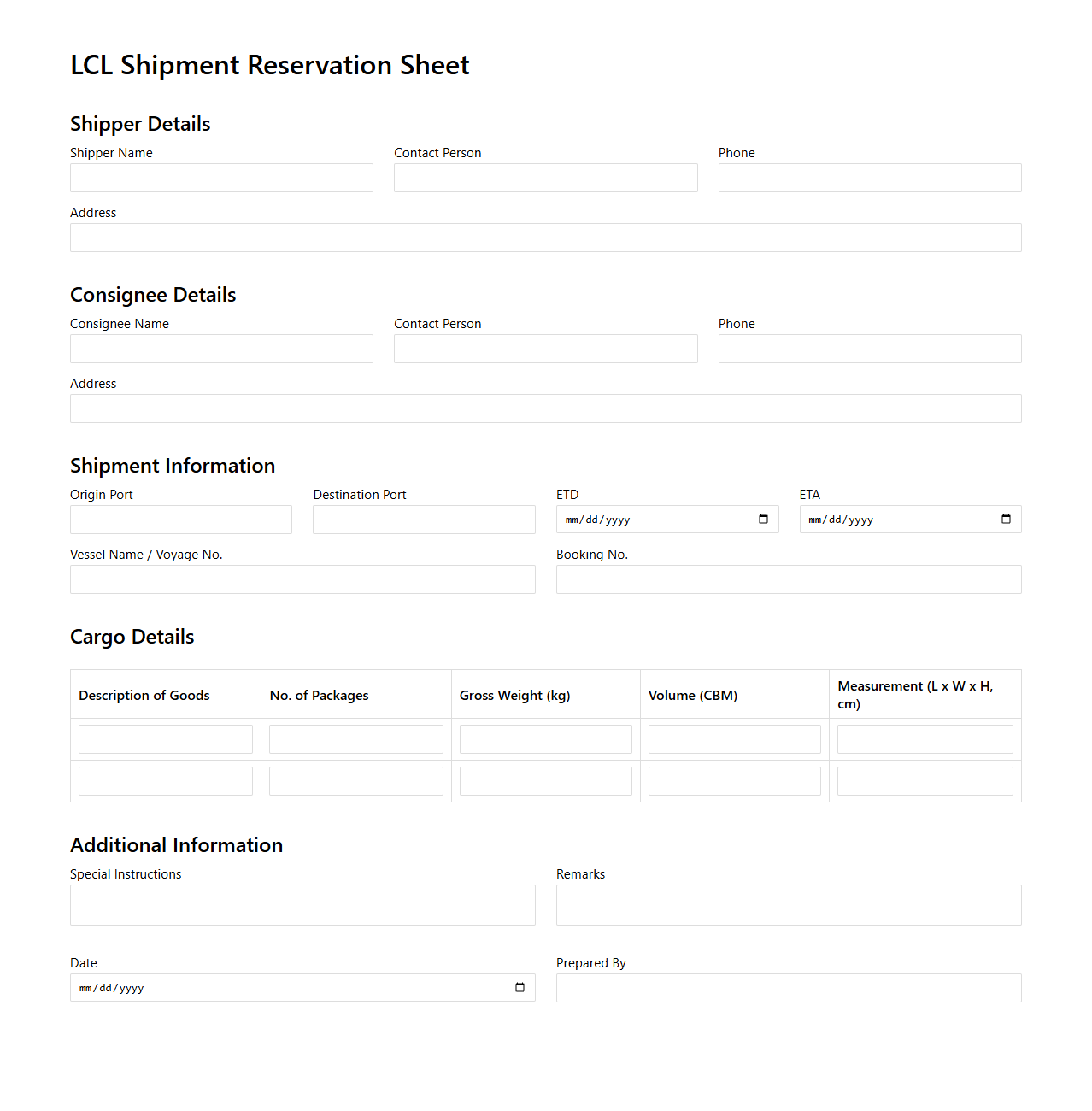 LCL Shipment Reservation Sheet Template