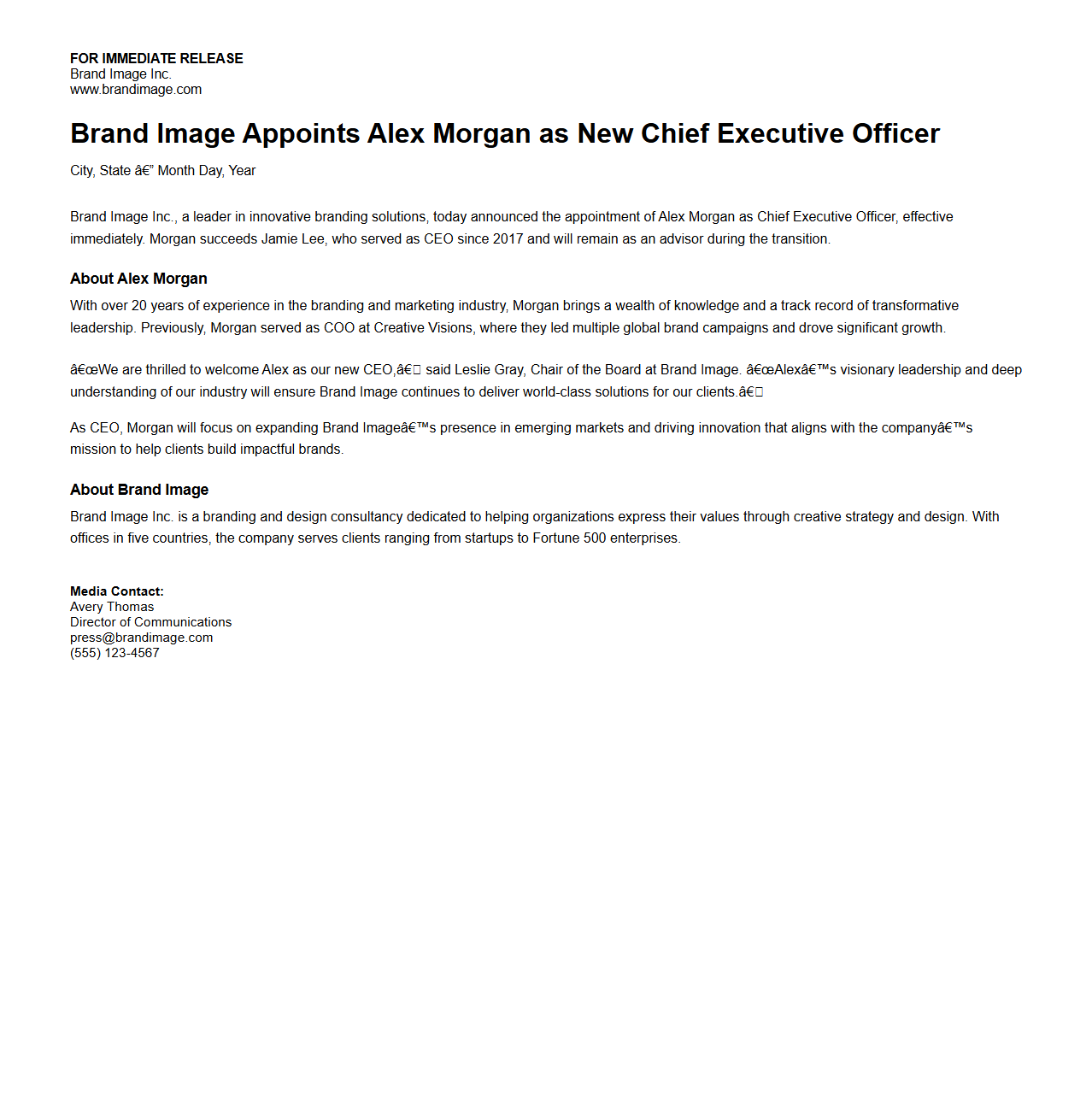 Leadership Appointment Press Release Example for Brand Image