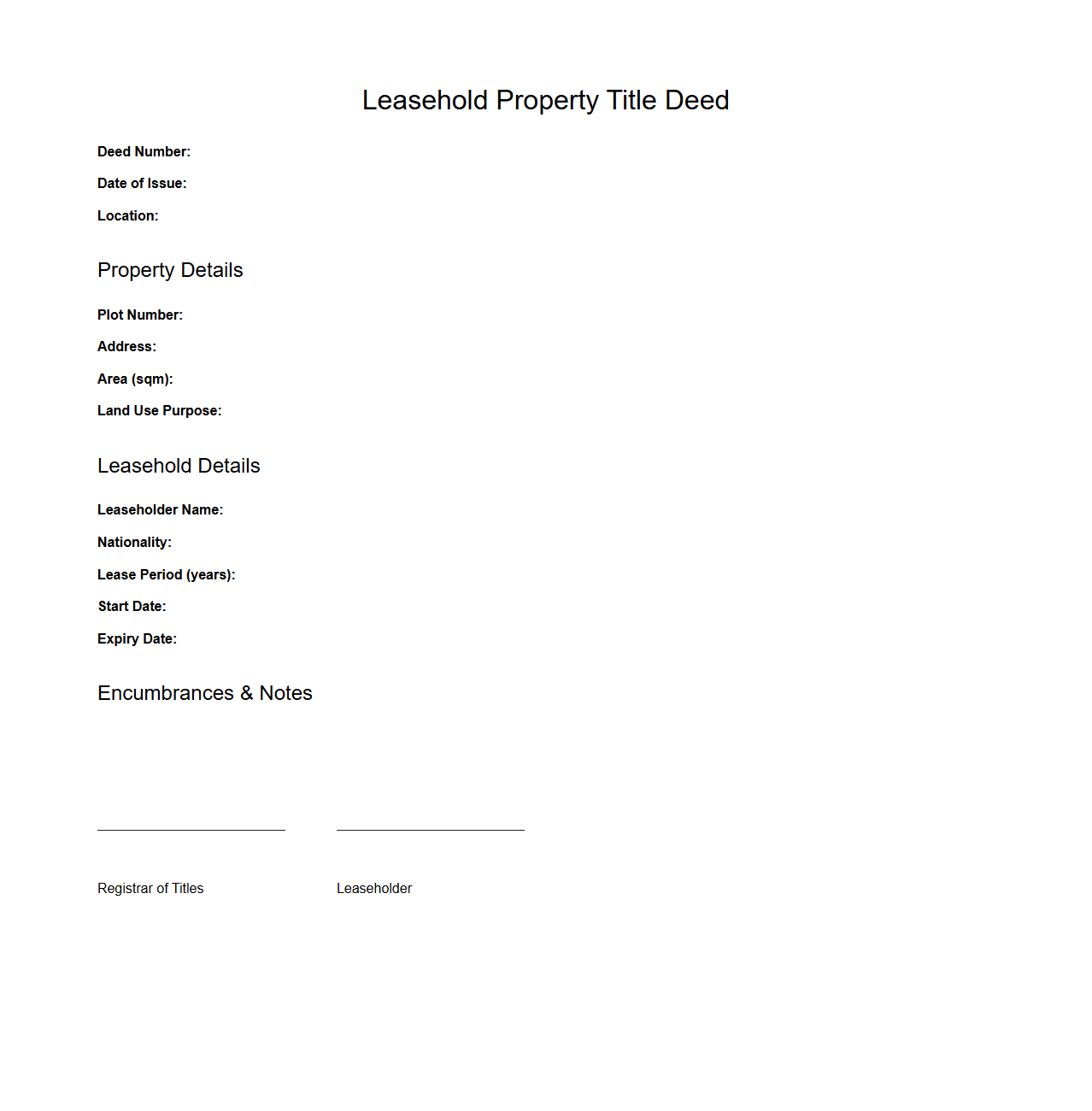 Leasehold Property Title Deed Example