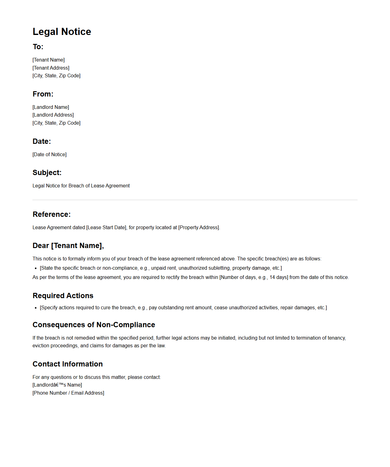 Legal Notice Structure for Lease Agreement Breach