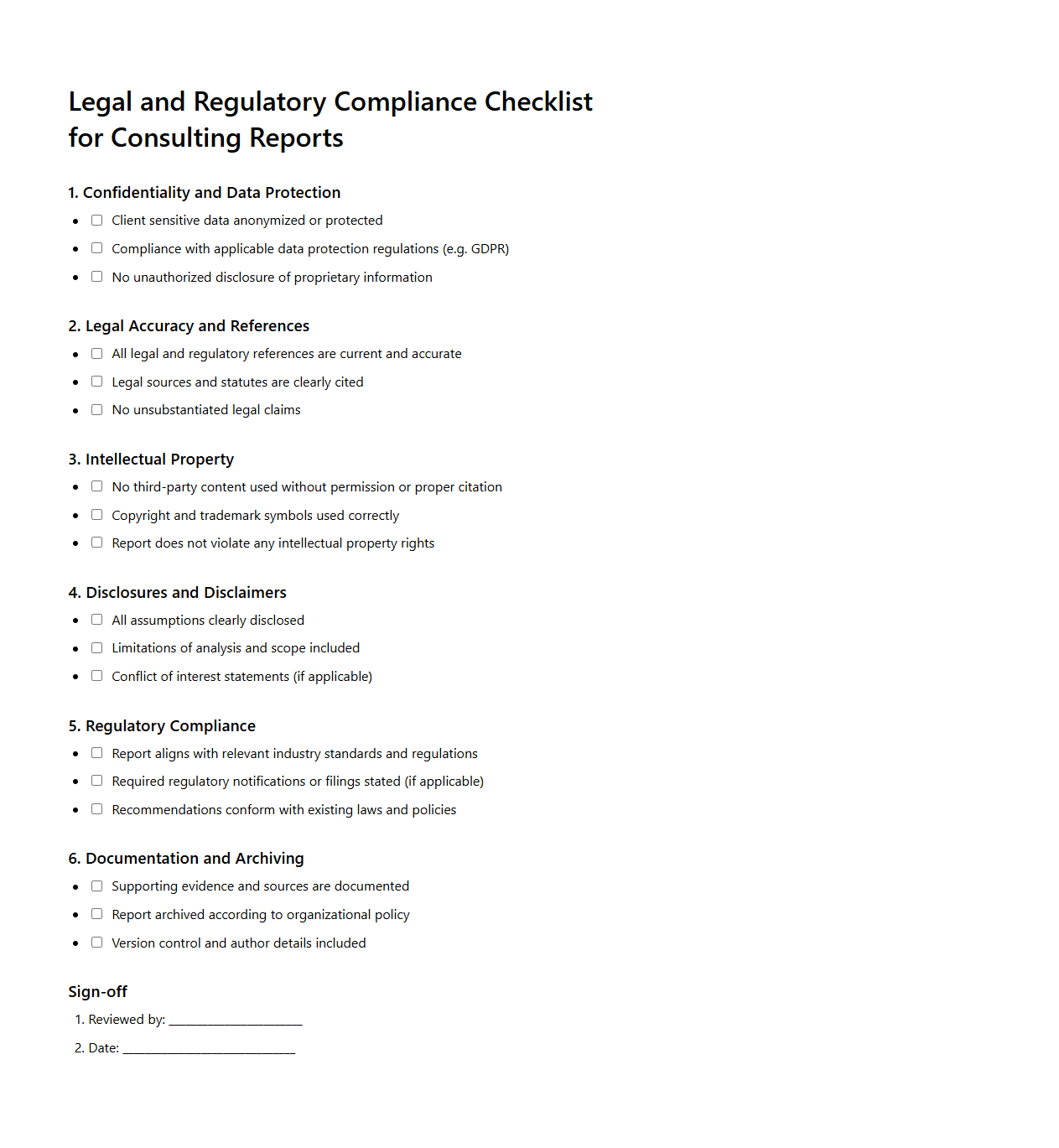 Legal and Regulatory Compliance Checklist for Consulting Reports