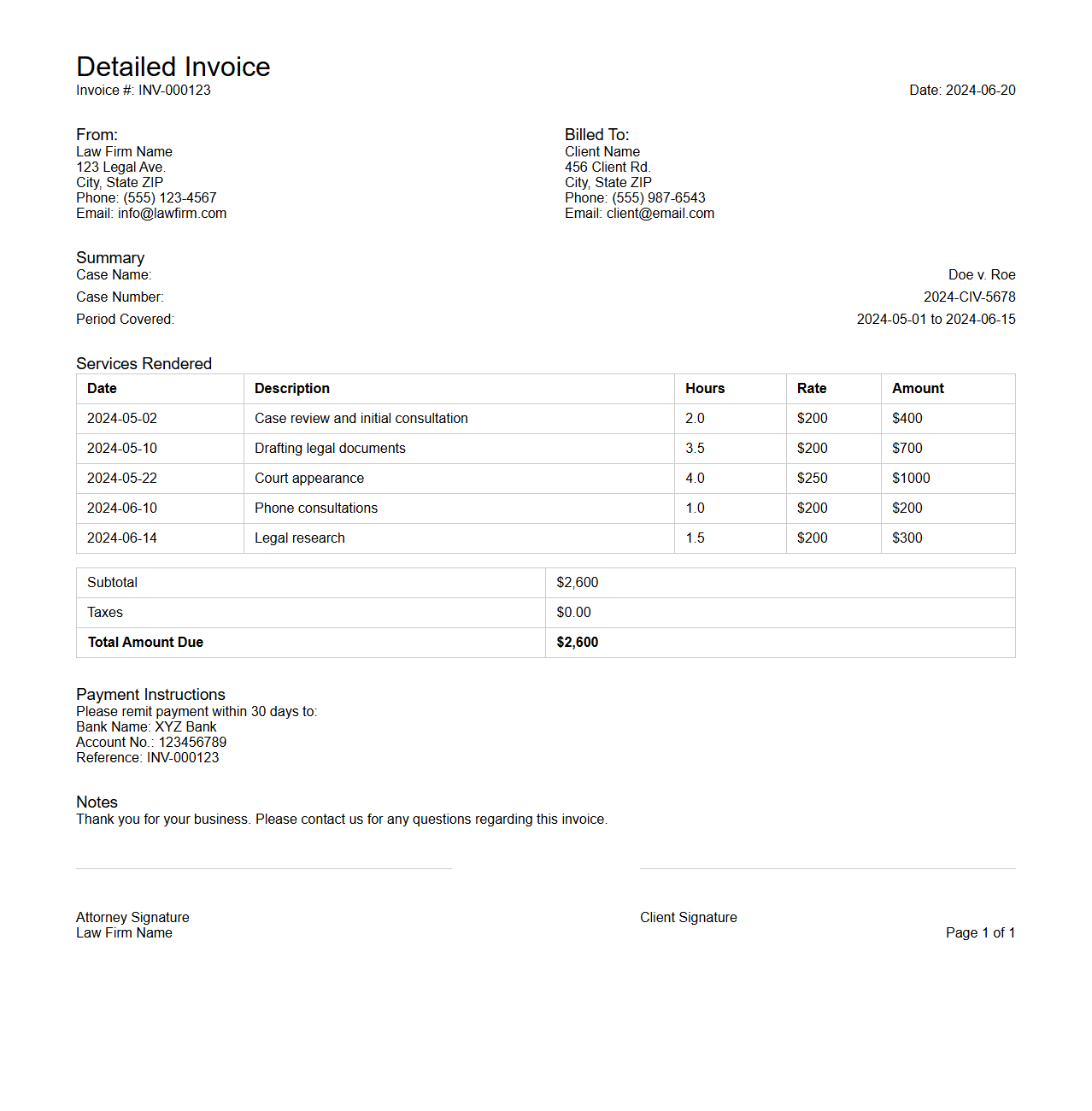 Legal Services Detailed Invoice Sample