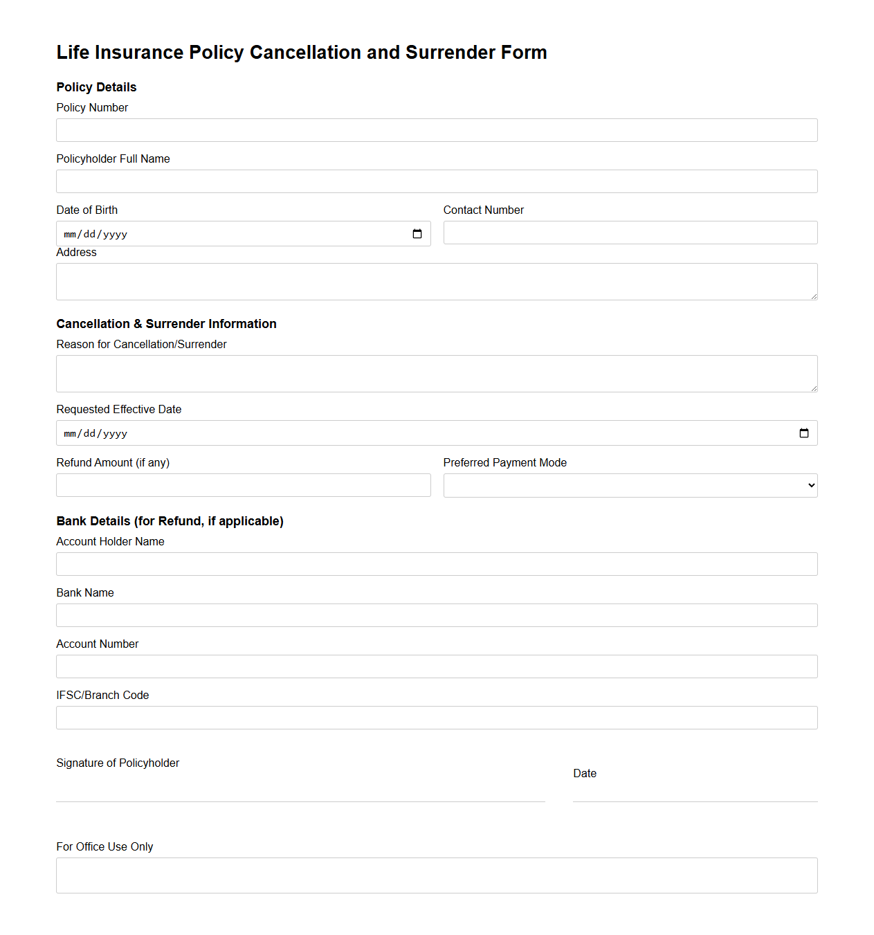 Life Insurance Policy Cancellation and Surrender Form