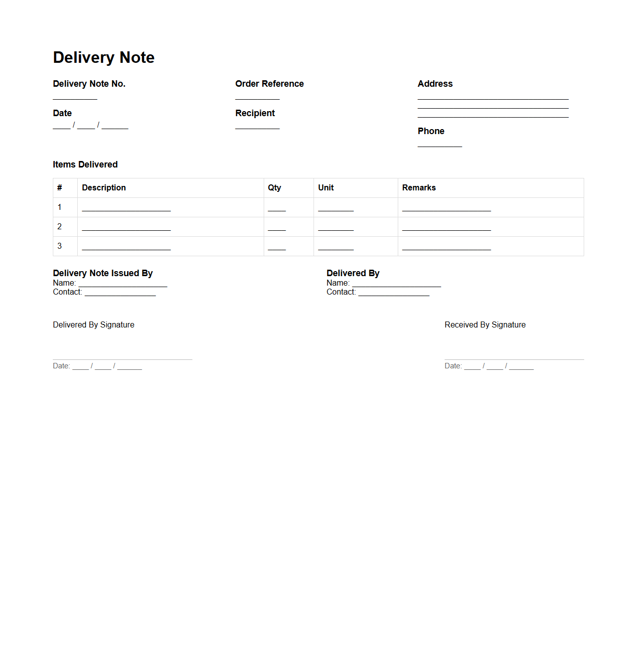 Local Order Fulfillment Delivery Note Sample