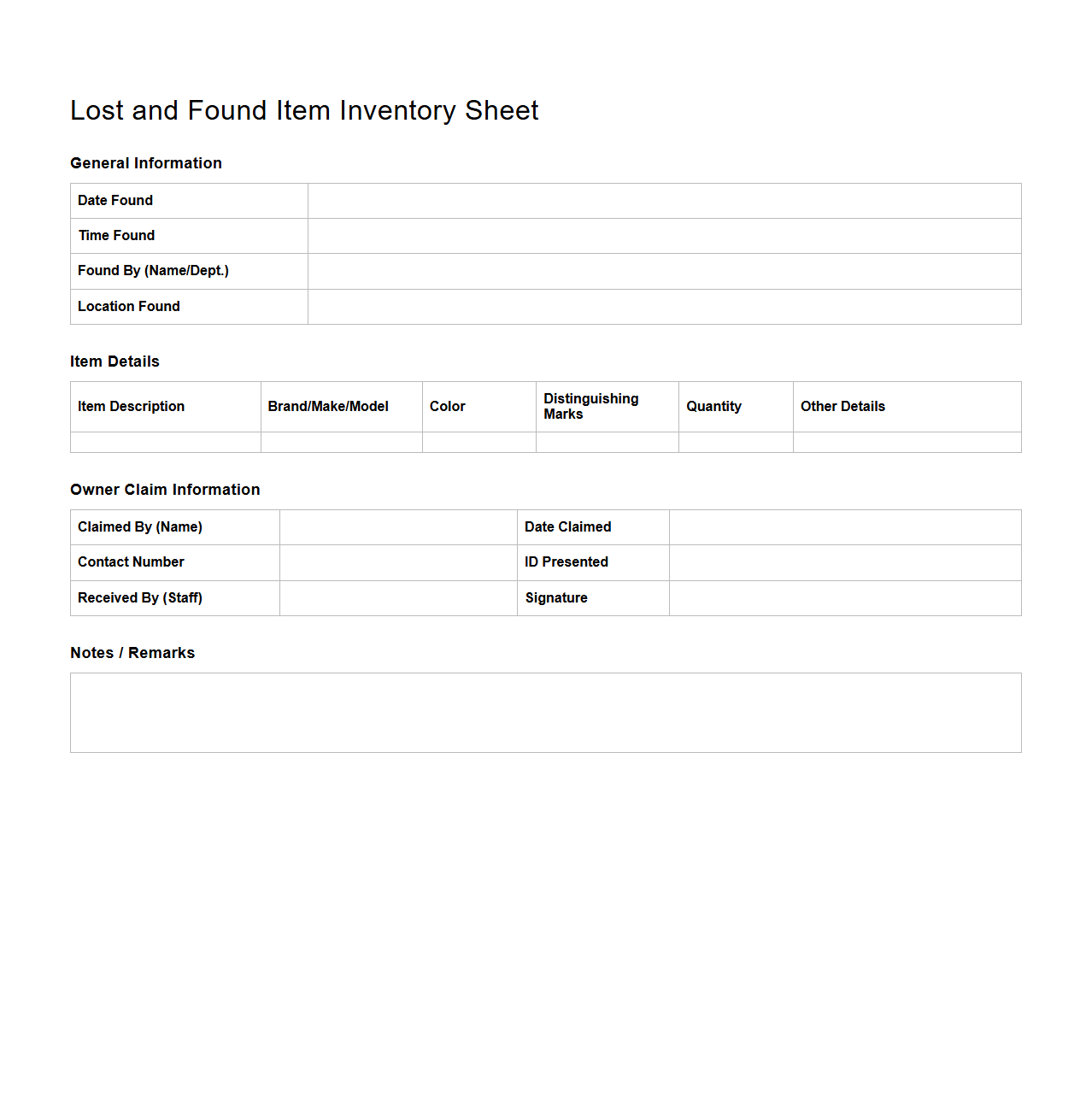 Lost and Found Item Inventory Sheet for Hospitality