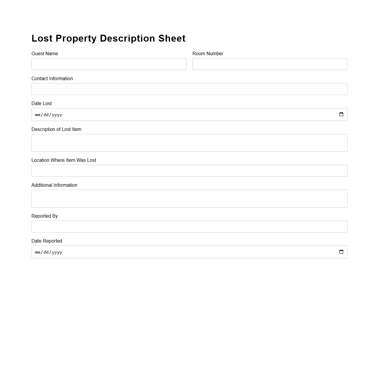 Lost Property Description Sheet for Guests