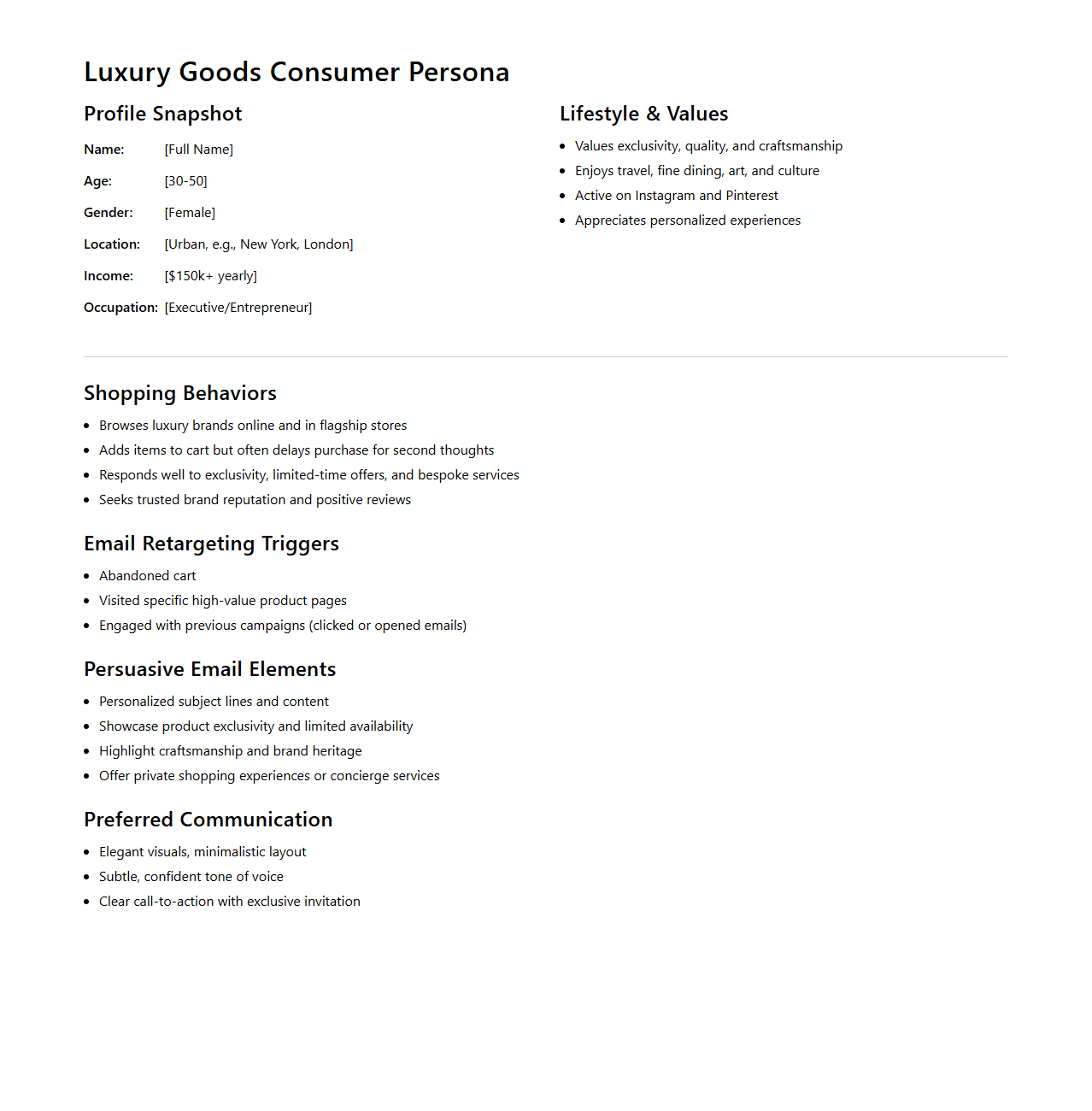 Luxury Goods Consumer Persona for Retargeting Emails