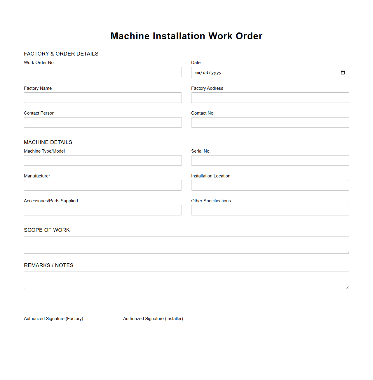 Machine Installation Work Order for Factories