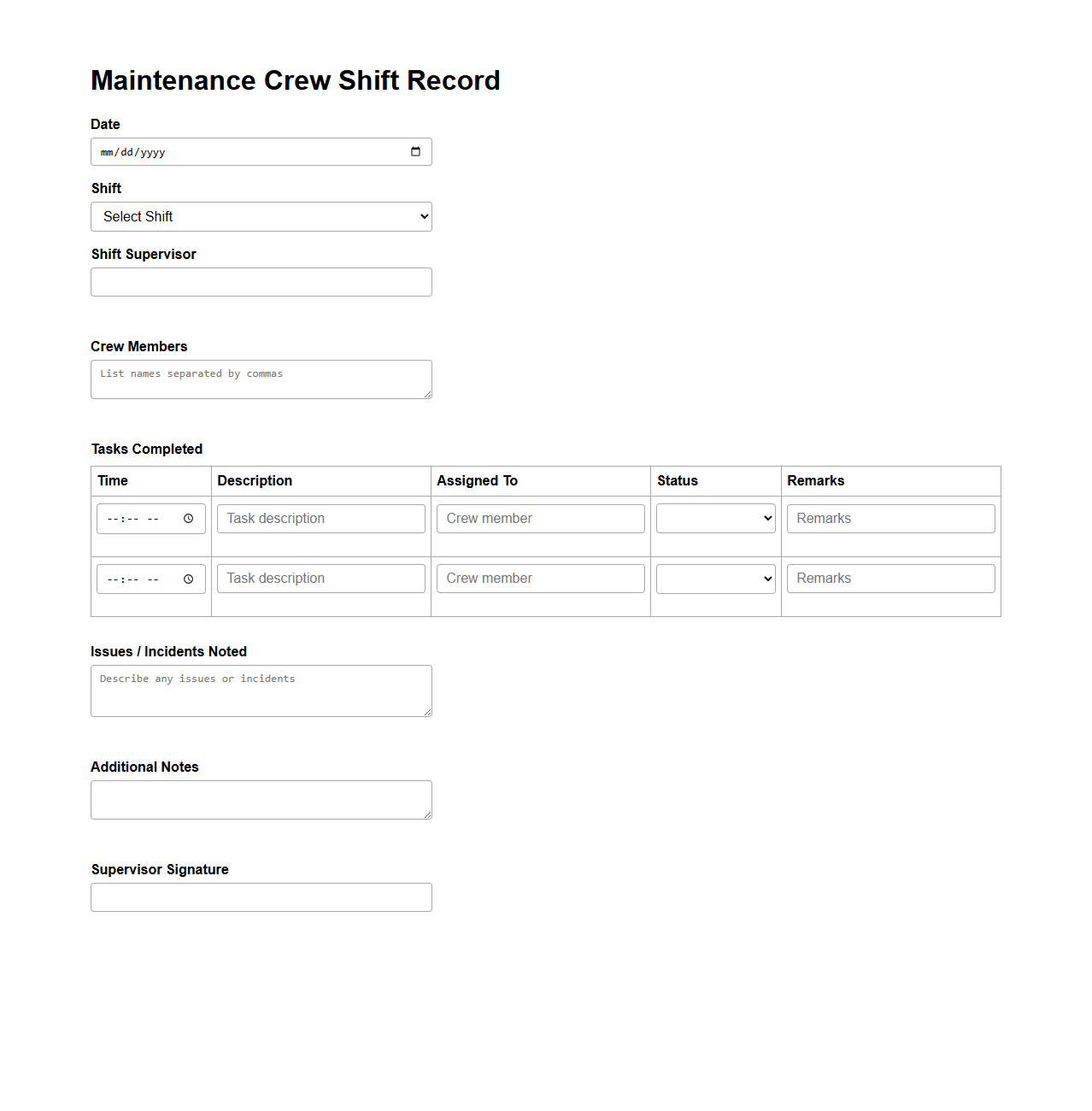 Maintenance Crew Shift Record