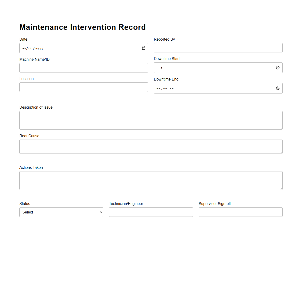 Maintenance Intervention Record for Machine Downtime