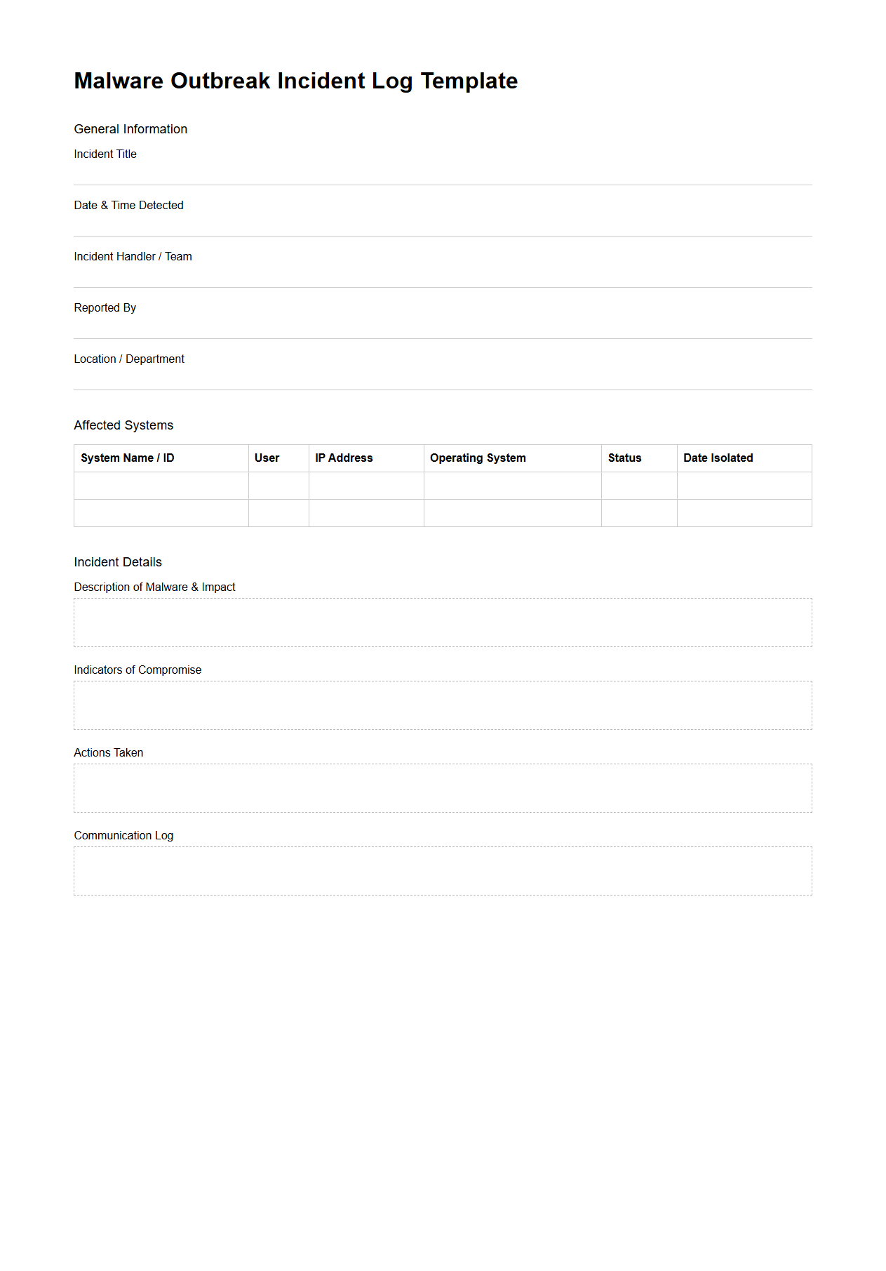 Malware Outbreak Incident Log Template